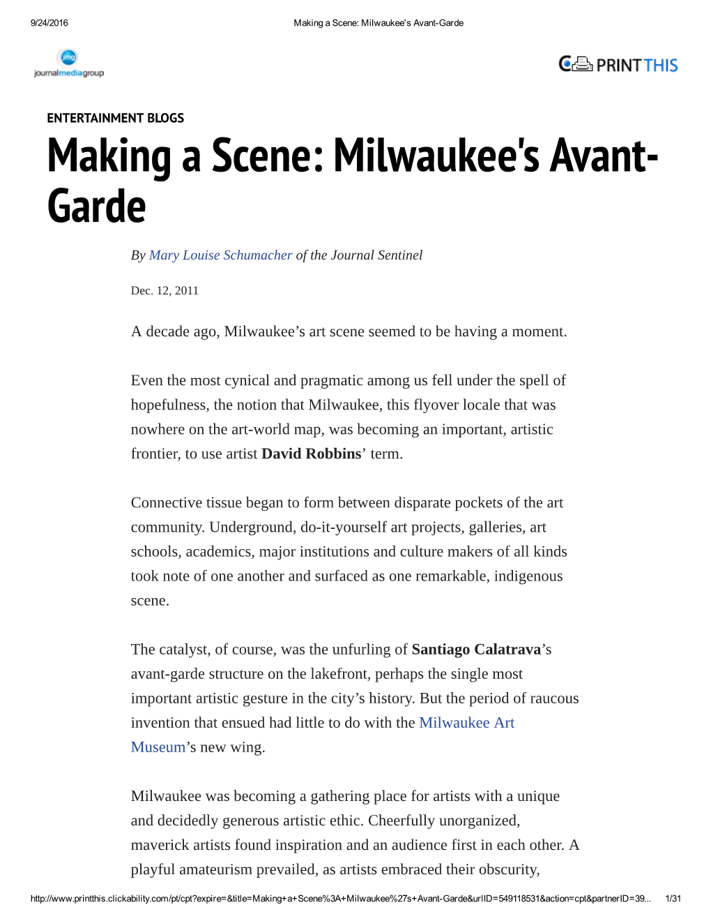 “Making a Scene: Milwaukee's Avant-Garde,” Journal Sentinal, December 12