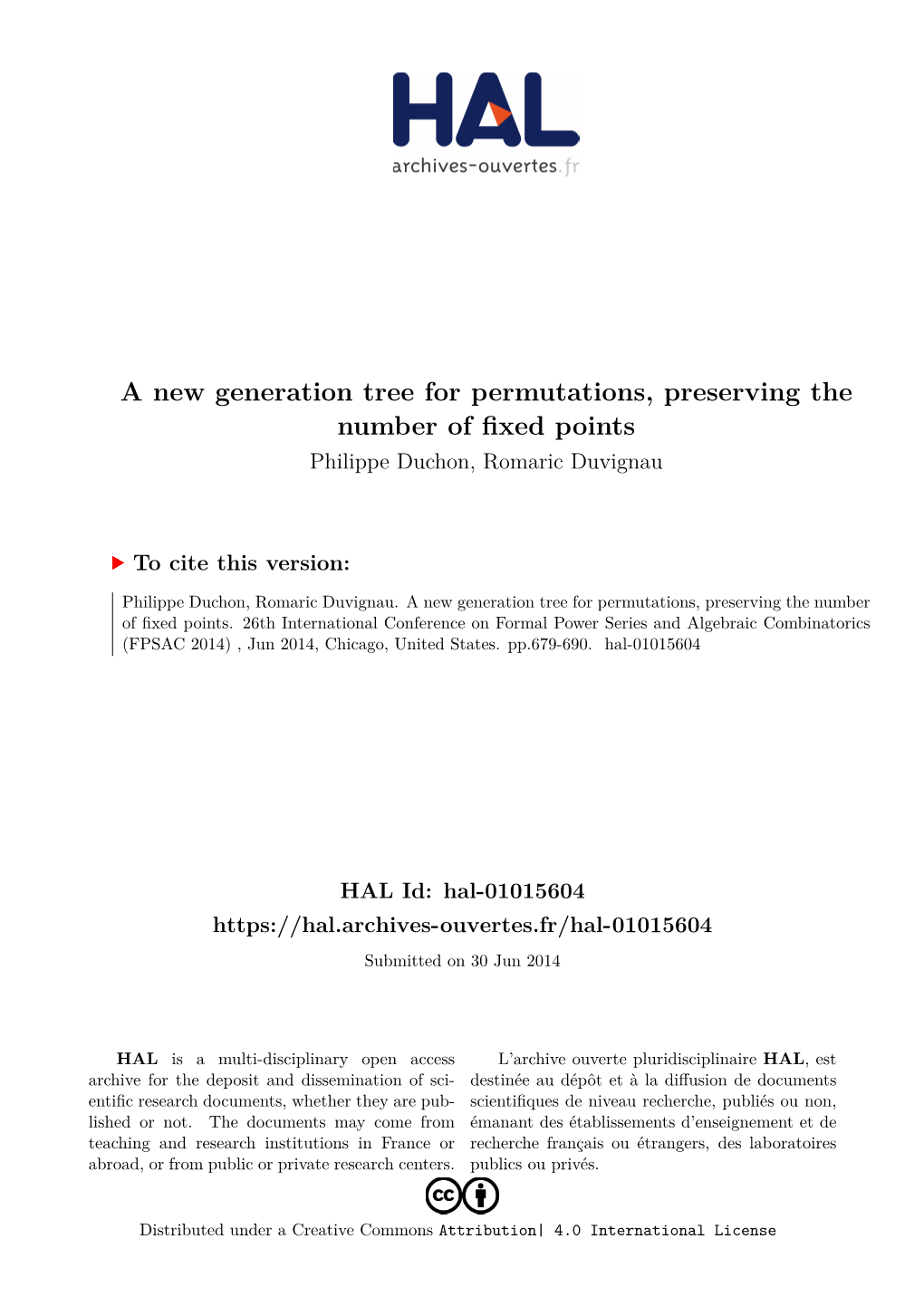 A New Generation Tree for Permutations, Preserving the Number of Fixed Points Philippe Duchon, Romaric Duvignau