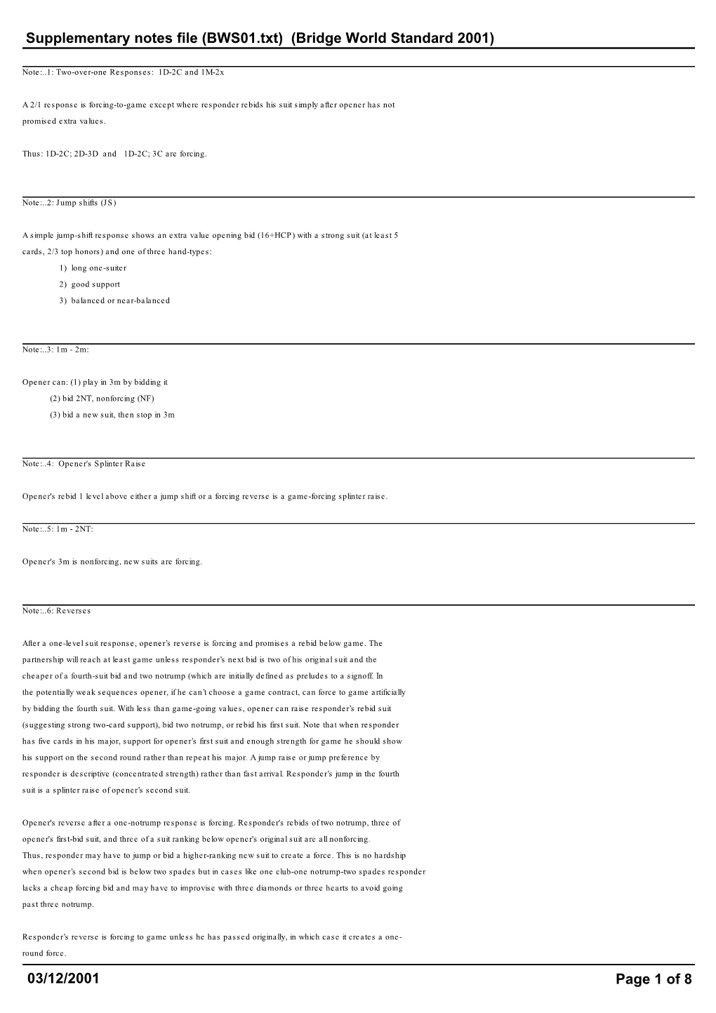 Supplementary Notes File (BWS01.Txt) (Bridge World Standard 2001) 03/12