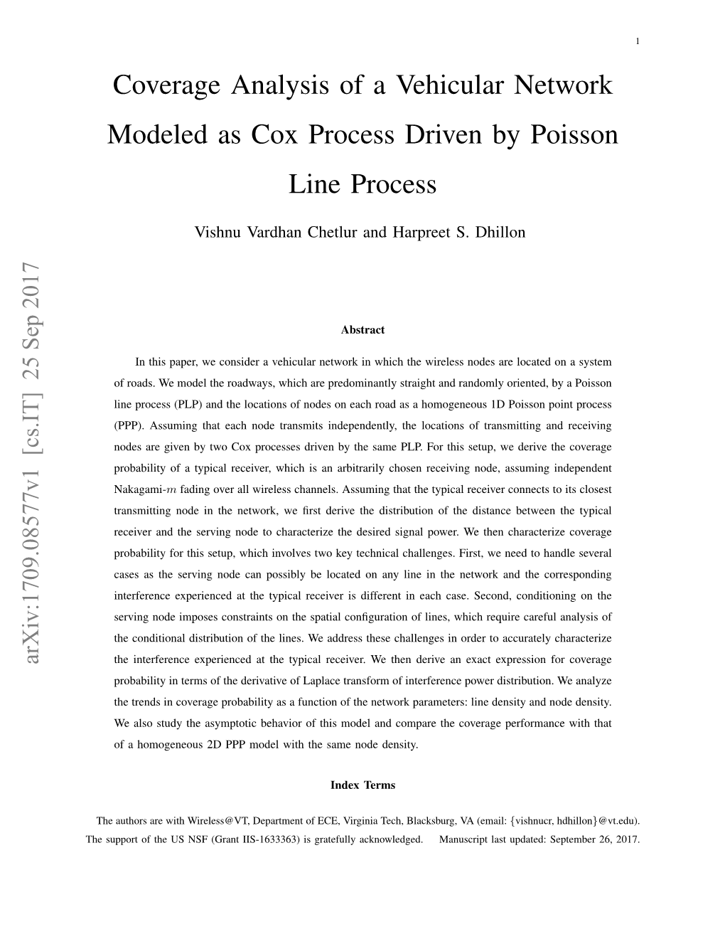 Coverage Analysis of a Vehicular Network Modeled As Cox Process Driven by Poisson Line Process