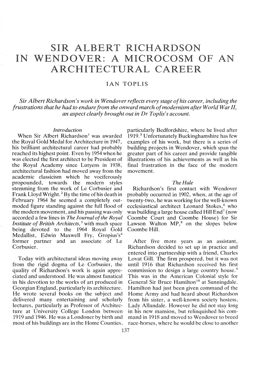 Sir Albert Richardson in Wendover: a Microcosm of an Architectural Career