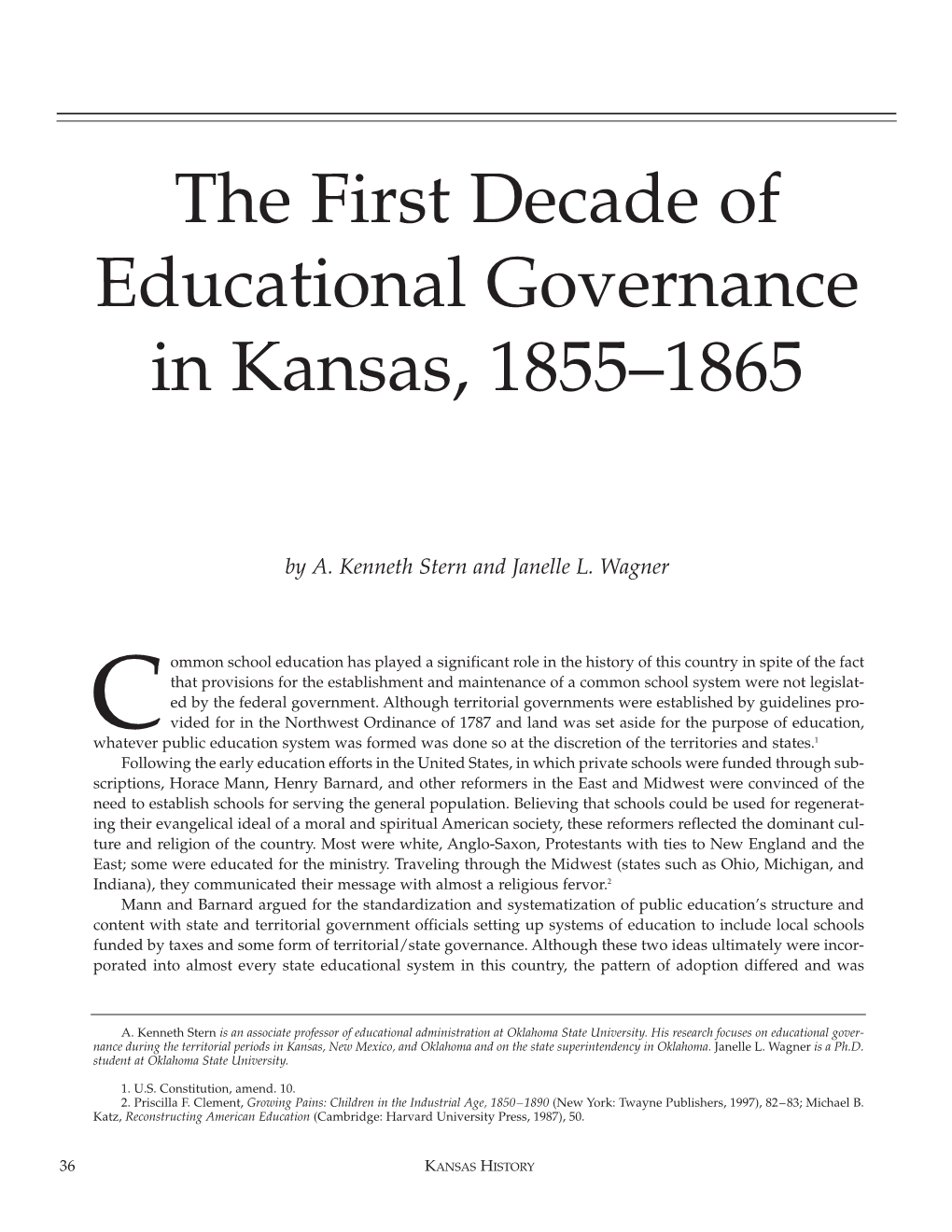 The First Decade of Educational Governance in Kansas, 1855–1865