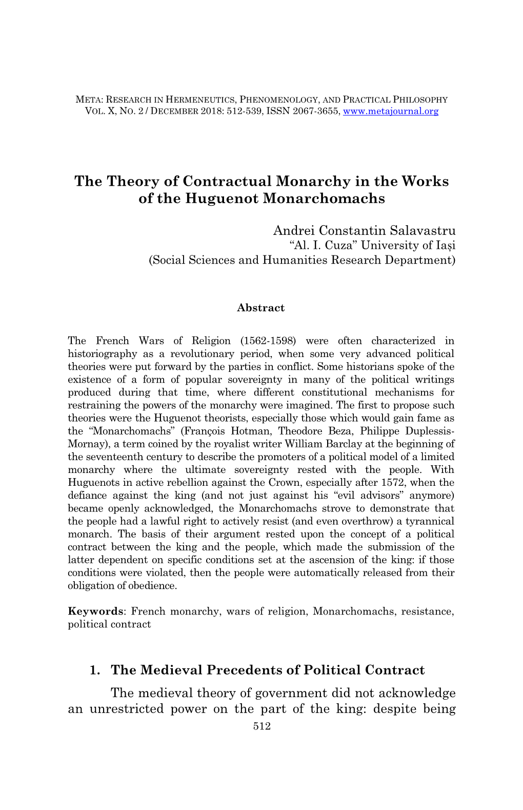 The Theory of Contractual Monarchy in the Works of the Huguenot Monarchomachs