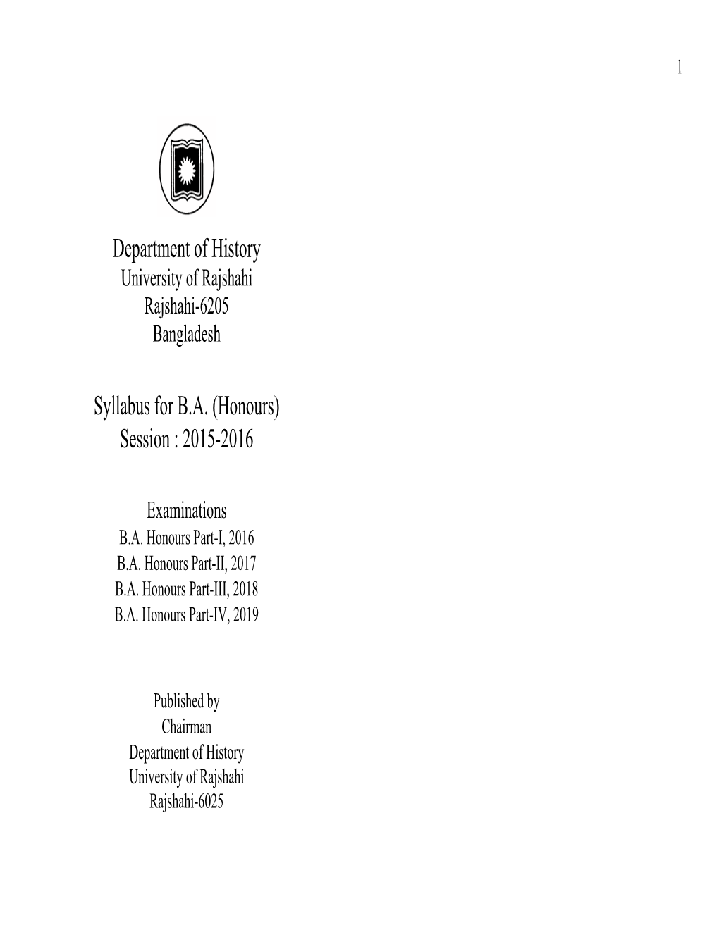 Department of History Syllabus for B.A. (Honours) Session : 2015-2016