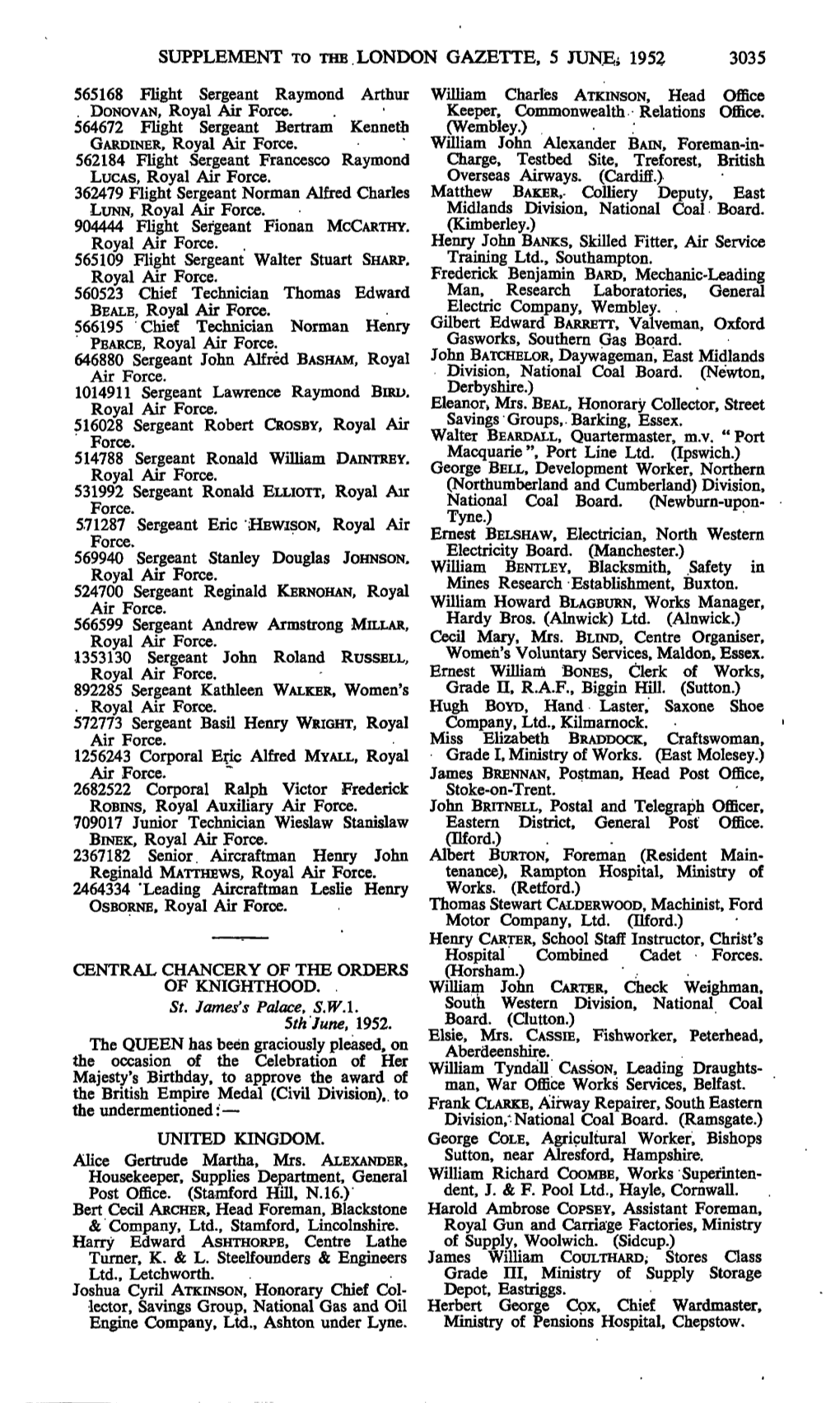 Supplement to the London Gazette, 5 June; 1952 3035