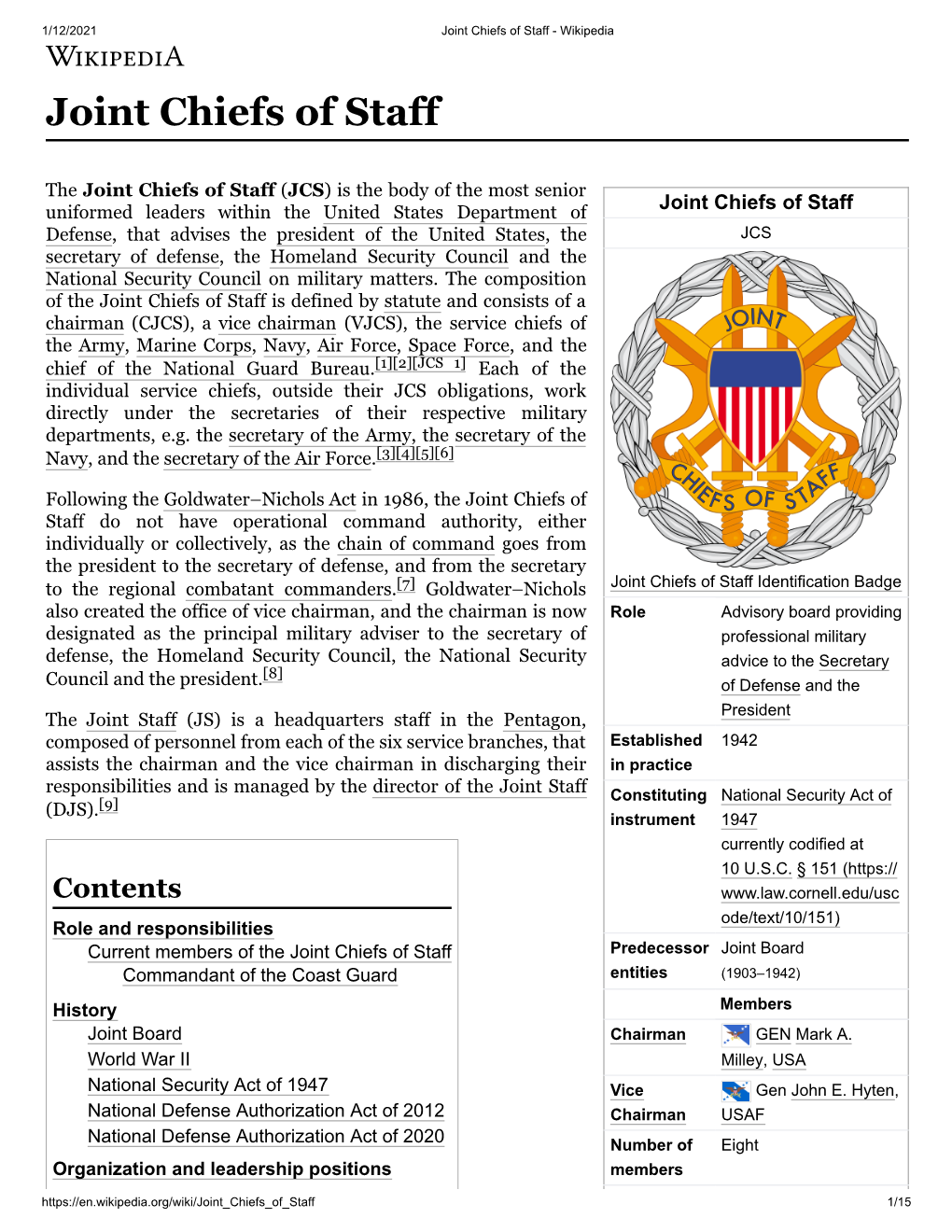 Joint Chiefs of Staff - Wikipedia