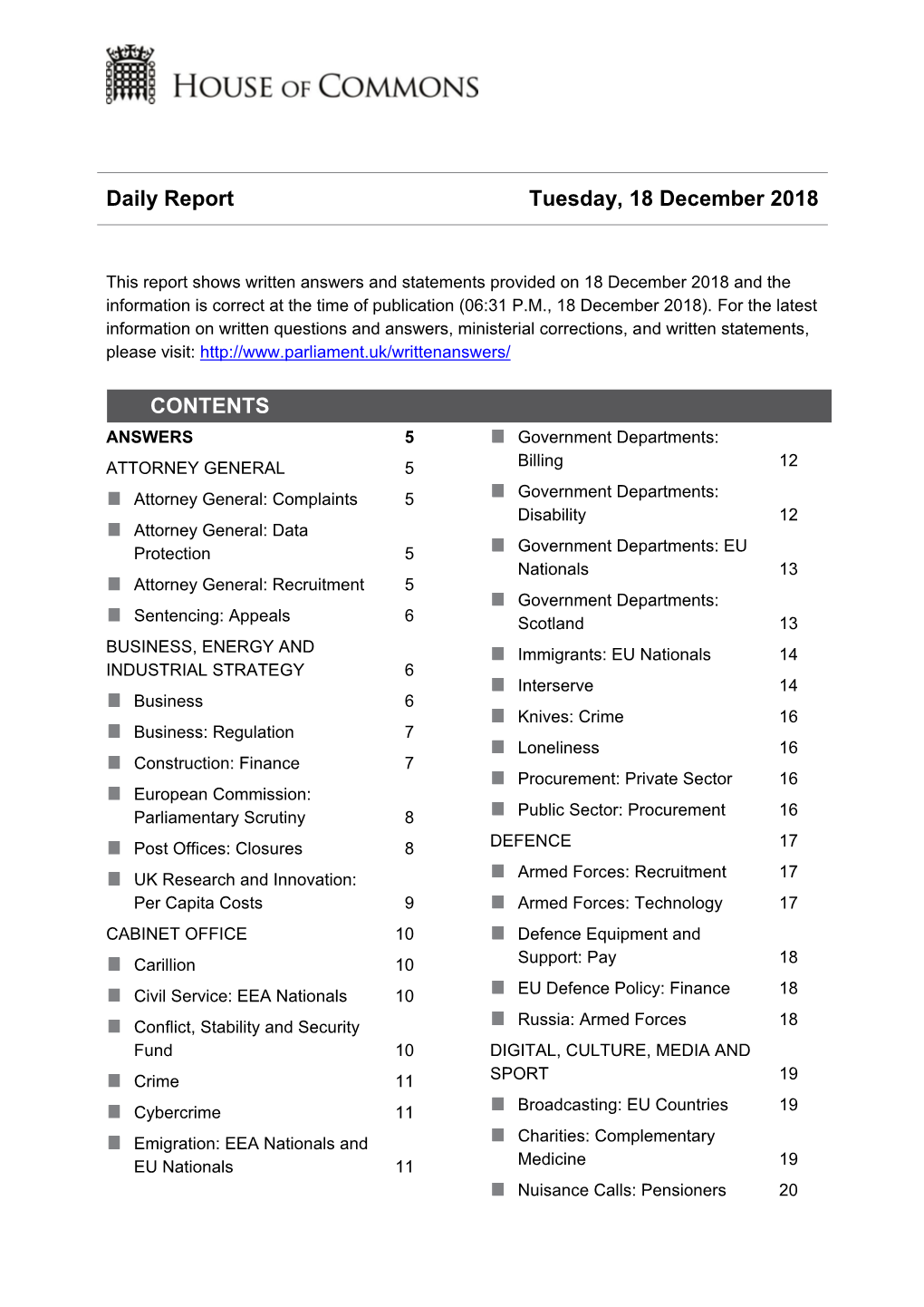 Daily Report Tuesday, 18 December 2018 CONTENTS