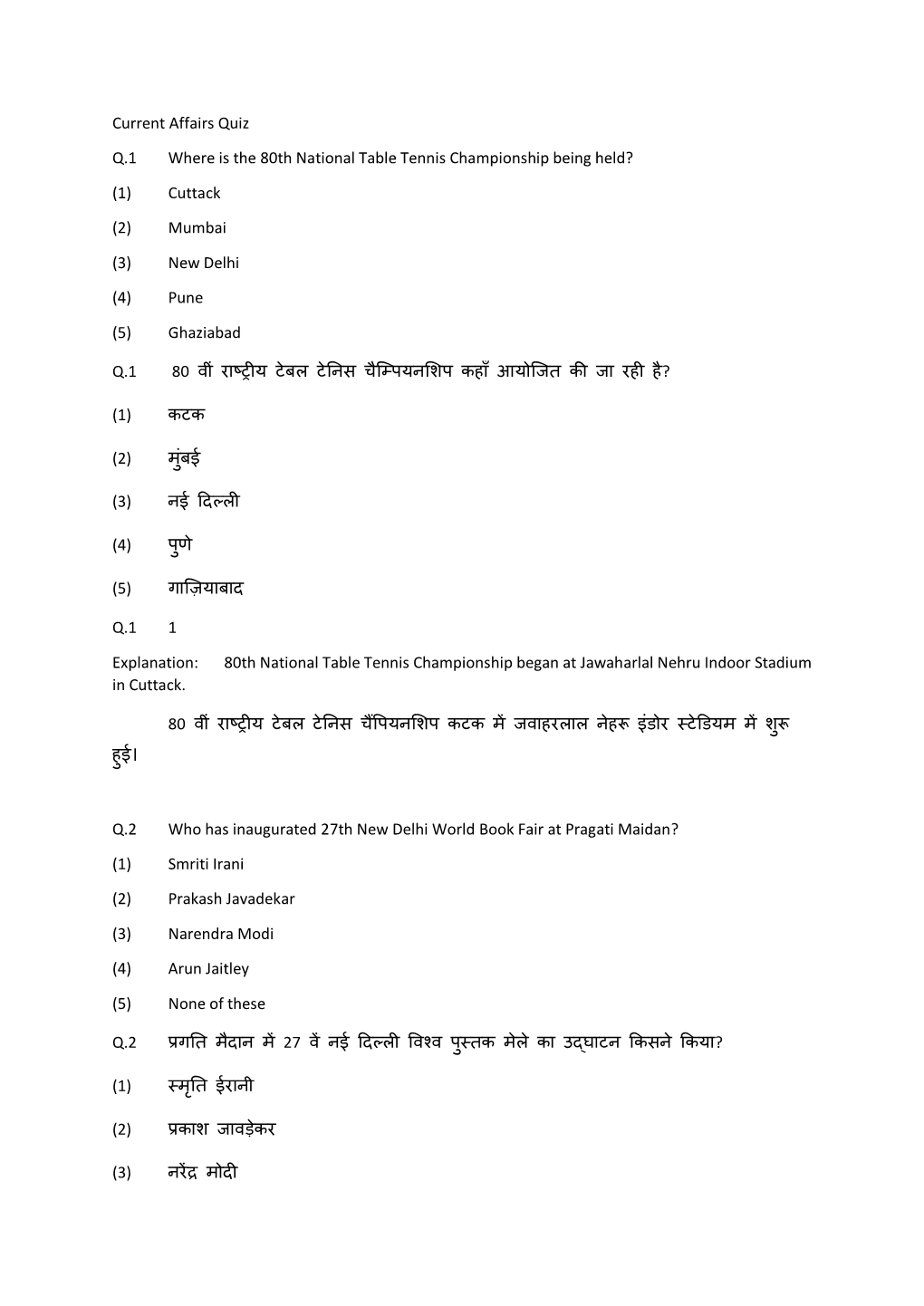 Current Affairs Quiz Q.1 Where Is the 80Th National Table Tennis