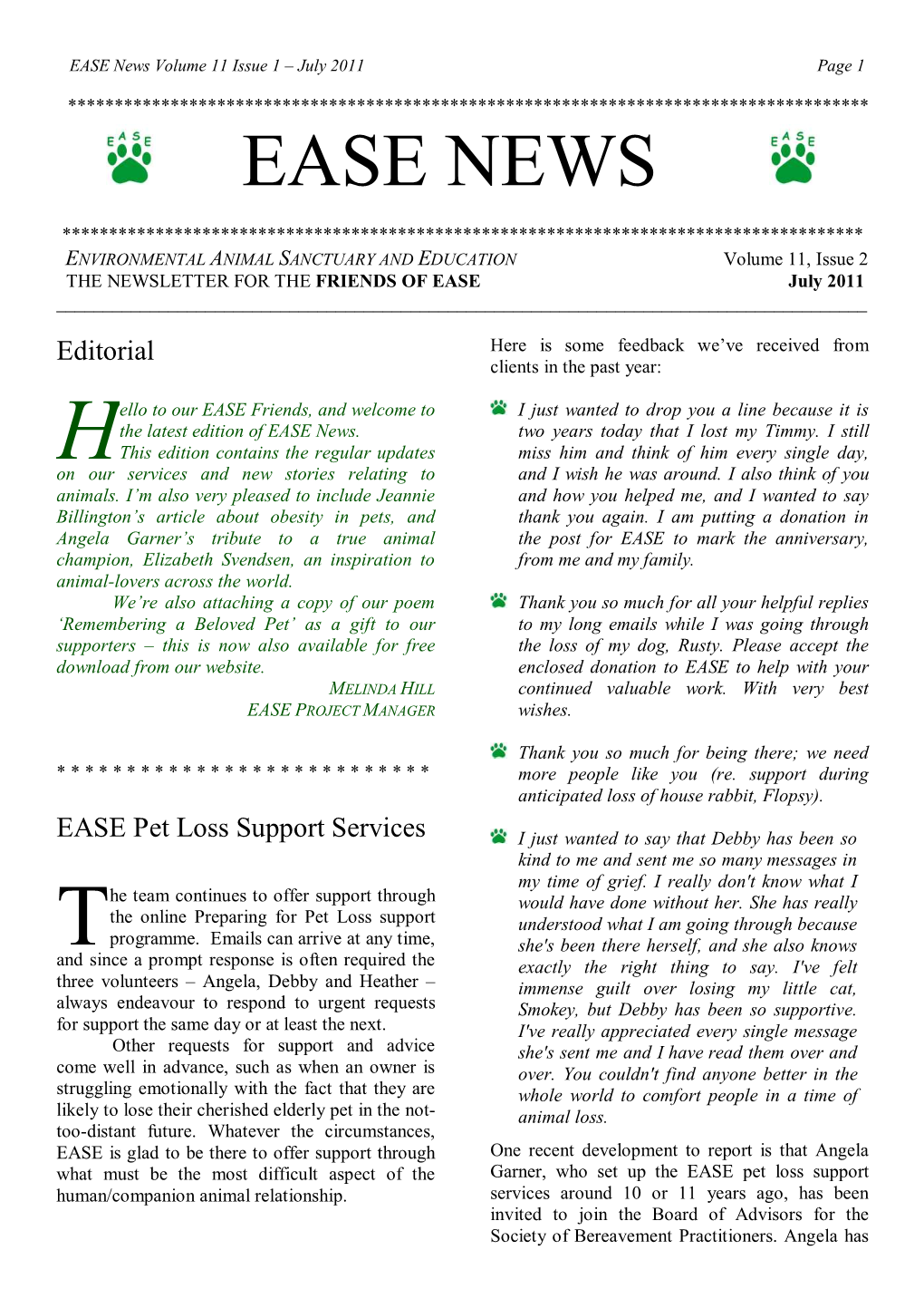 EASE News Volume 11 Issue 1 – July 2011 Page 1