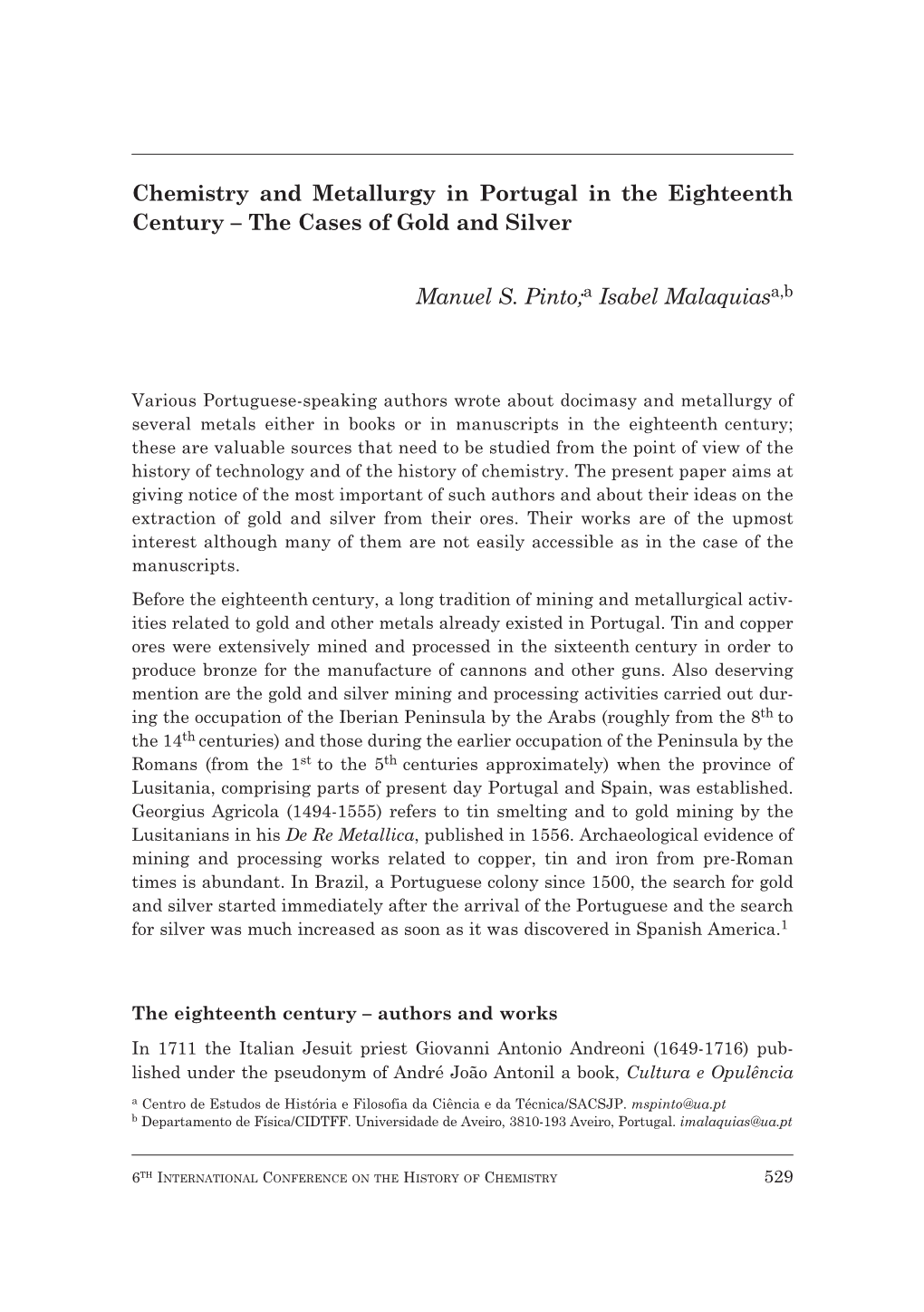 Chemistry and Metallurgy in Portugal in the Eighteenth Century – the Cases of Gold and Silver
