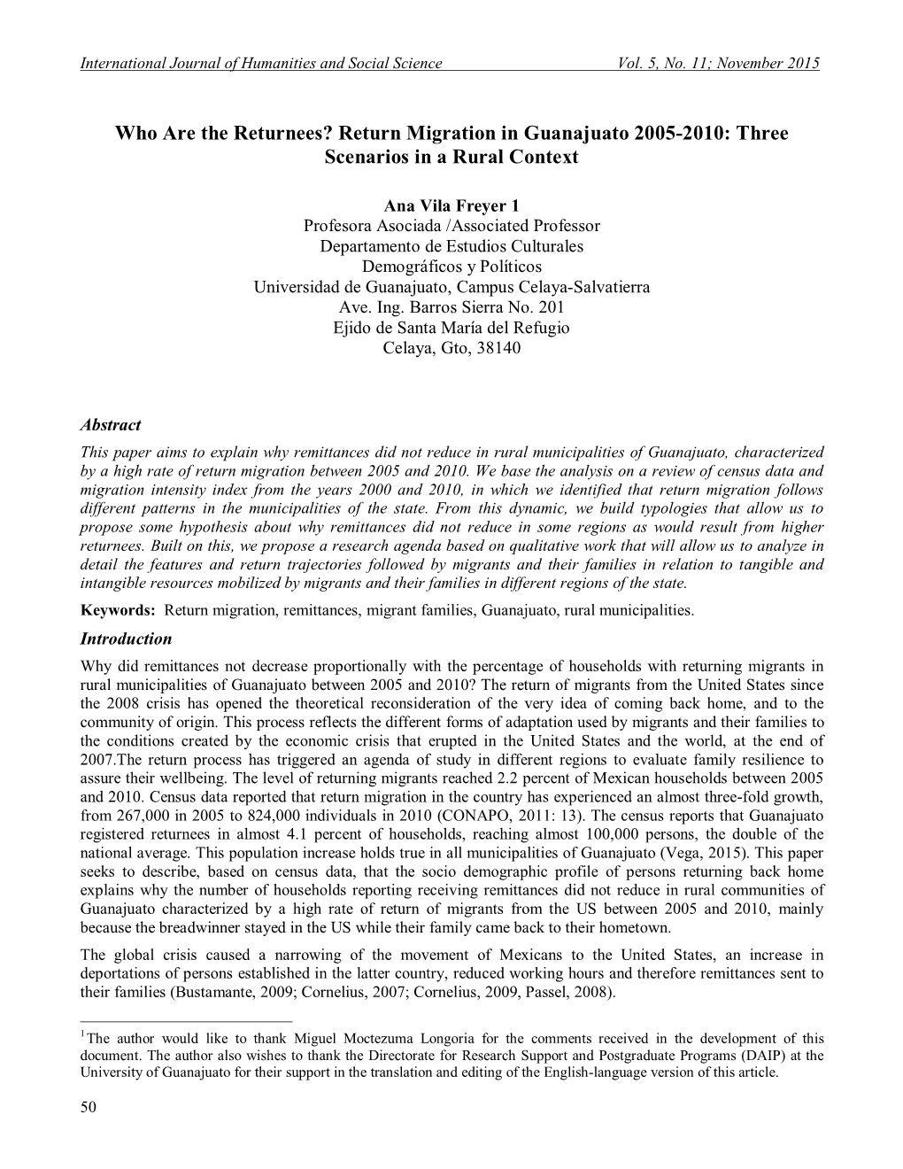 Who Are the Returnees? Return Migration in Guanajuato 2005-2010: Three Scenarios in a Rural Context