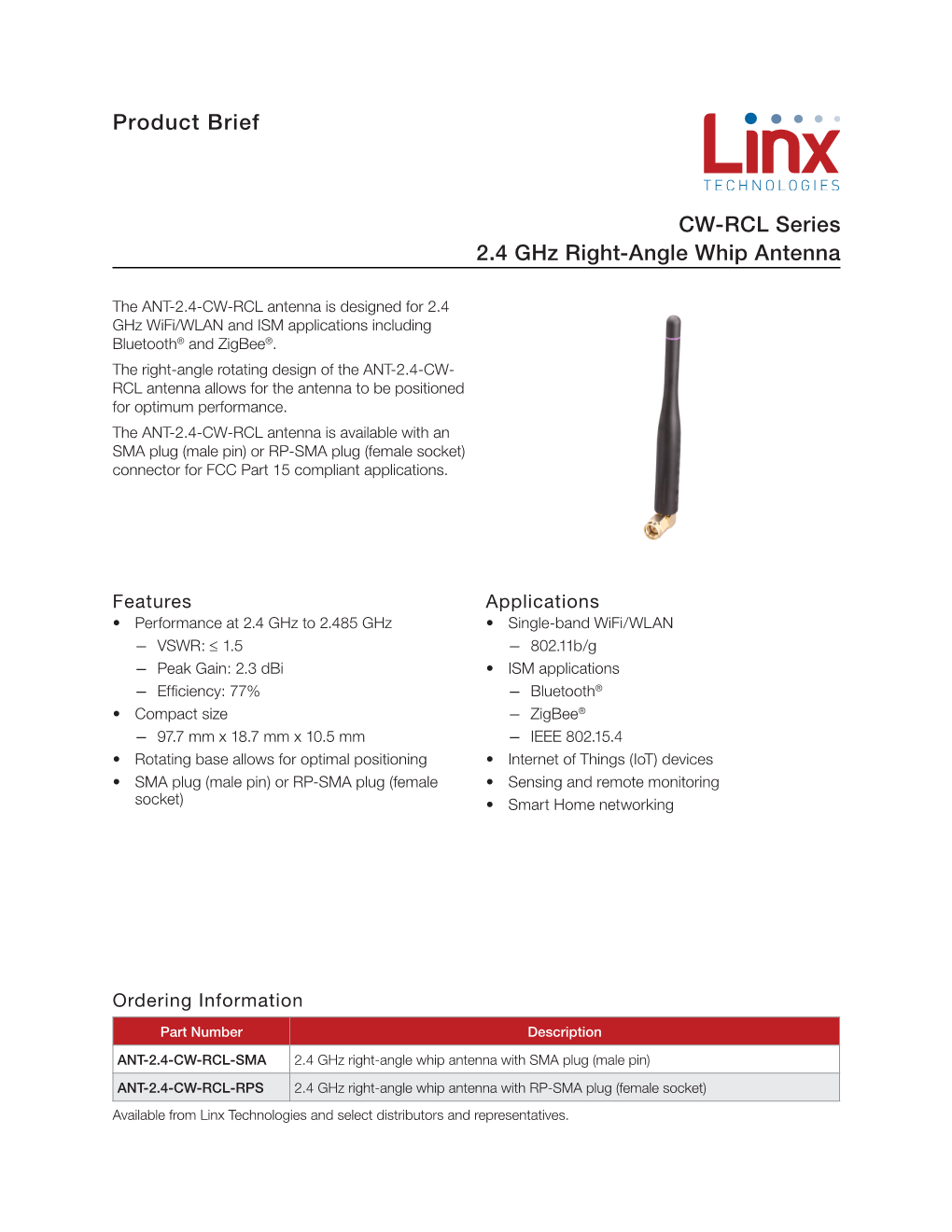 Product Brief CW-RCL Series 2.4 Ghz Right-Angle Whip Antenna