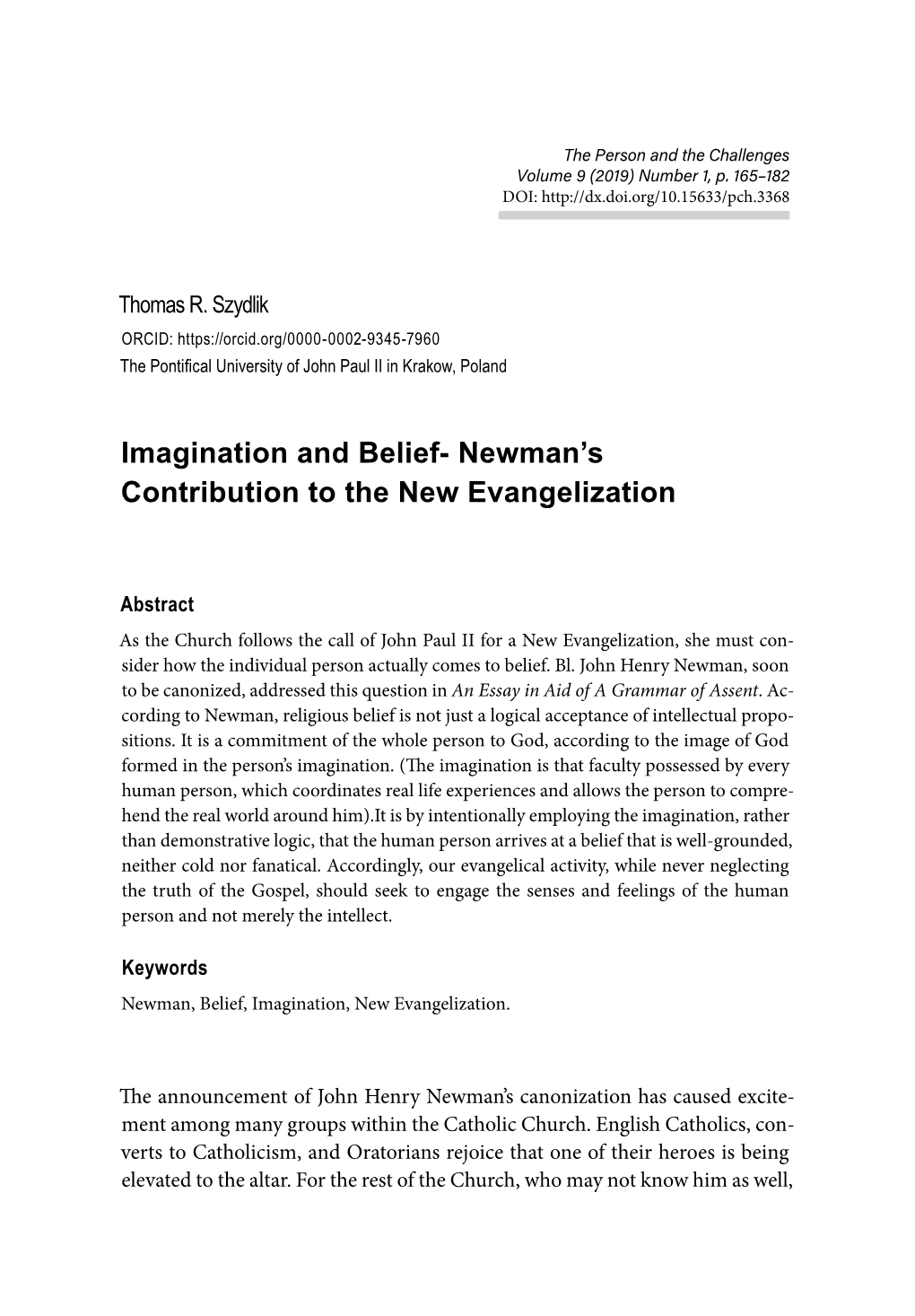 Imagination and Belief- Newman’S Contribution to the New Evangelization