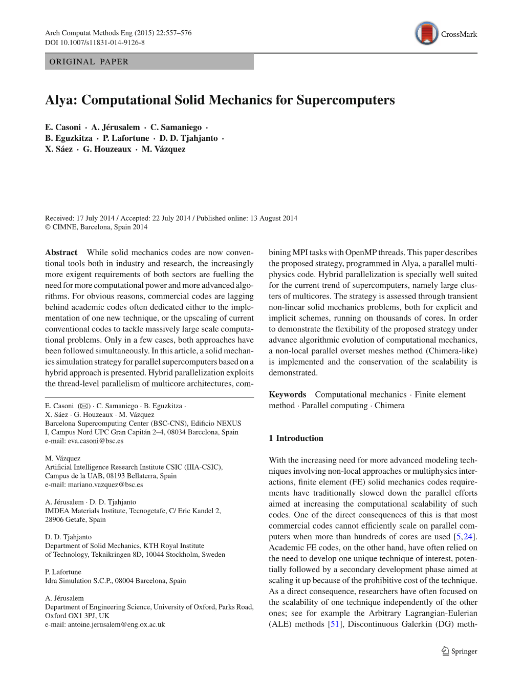 Alya: Computational Solid Mechanics for Supercomputers