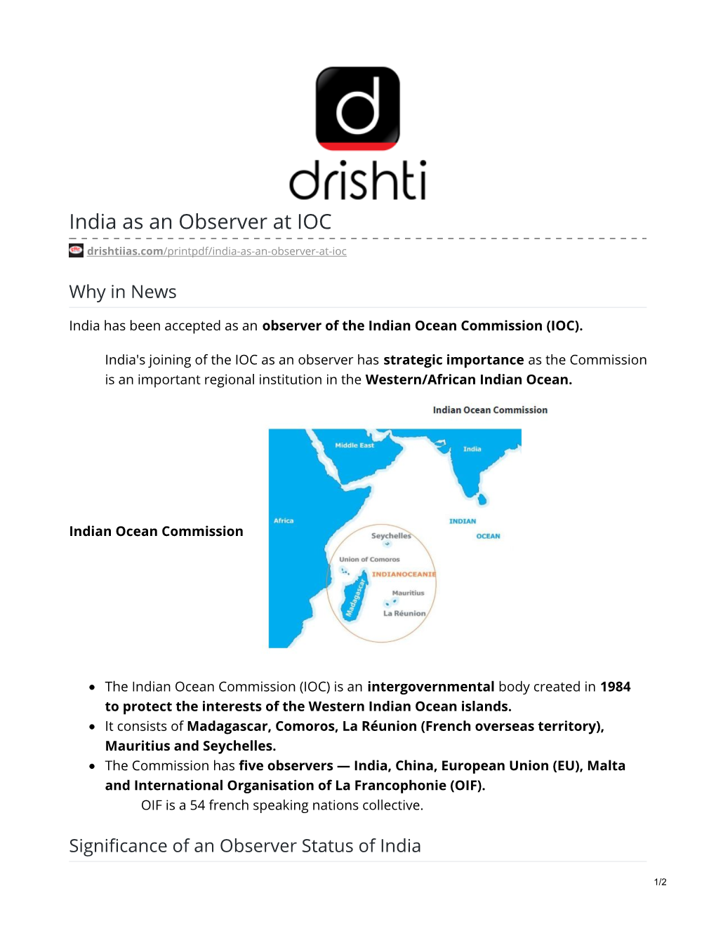 India As an Observer at IOC