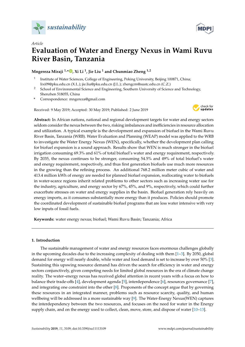 Evaluation of Water and Energy Nexus in Wami Ruvu River Basin, Tanzania