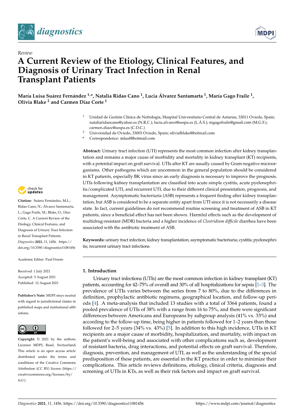 A Current Review of the Etiology, Clinical Features, and Diagnosis of Urinary Tract Infection in Renal Transplant Patients