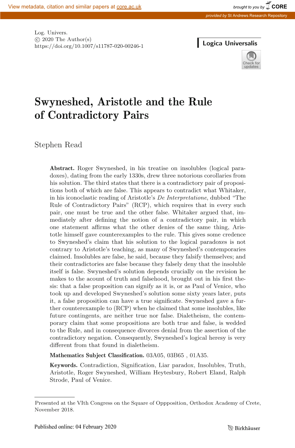 Swyneshed, Aristotle and the Rule of Contradictory Pairs