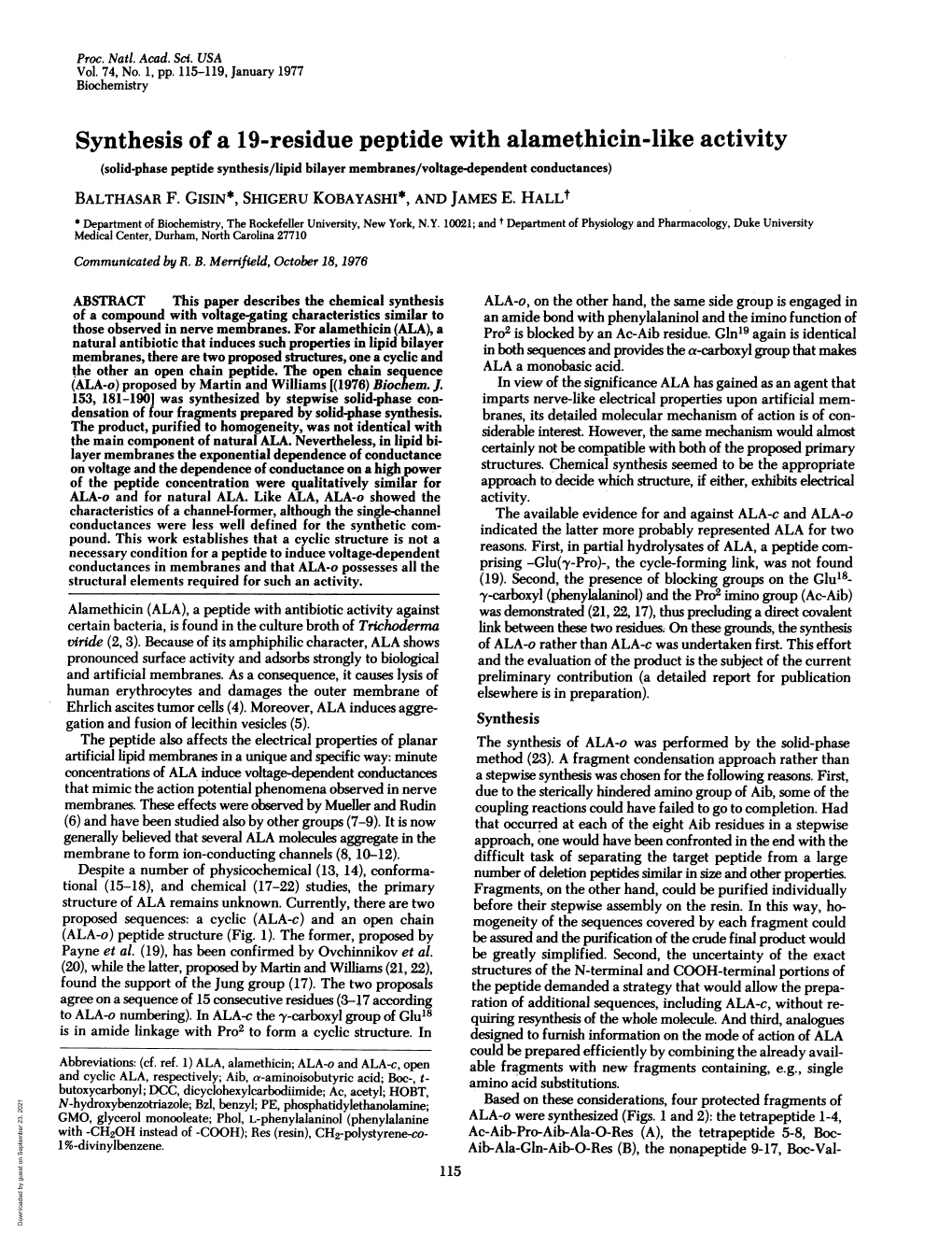 Synthesis of a 19-Residue Peptide with Alamethicin-Like Activity (Solid-Phase Peptide Synthesis/Lipid Bilayer Membranes/Voltage-Dependent Conductances) BALTHASAR F