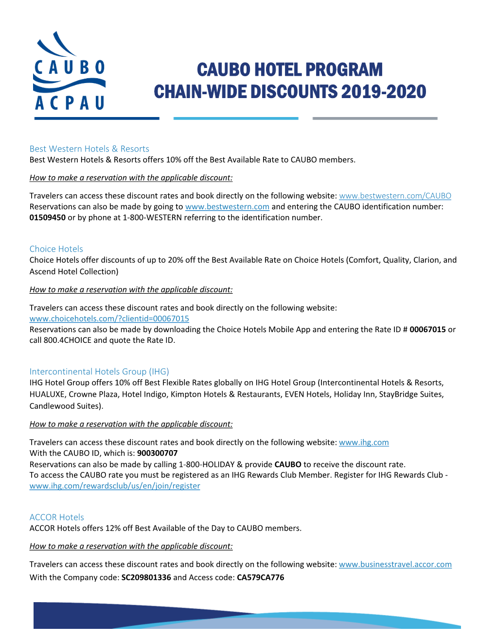 Caubo Hotel Program Chain-Wide Discounts 2019-2020