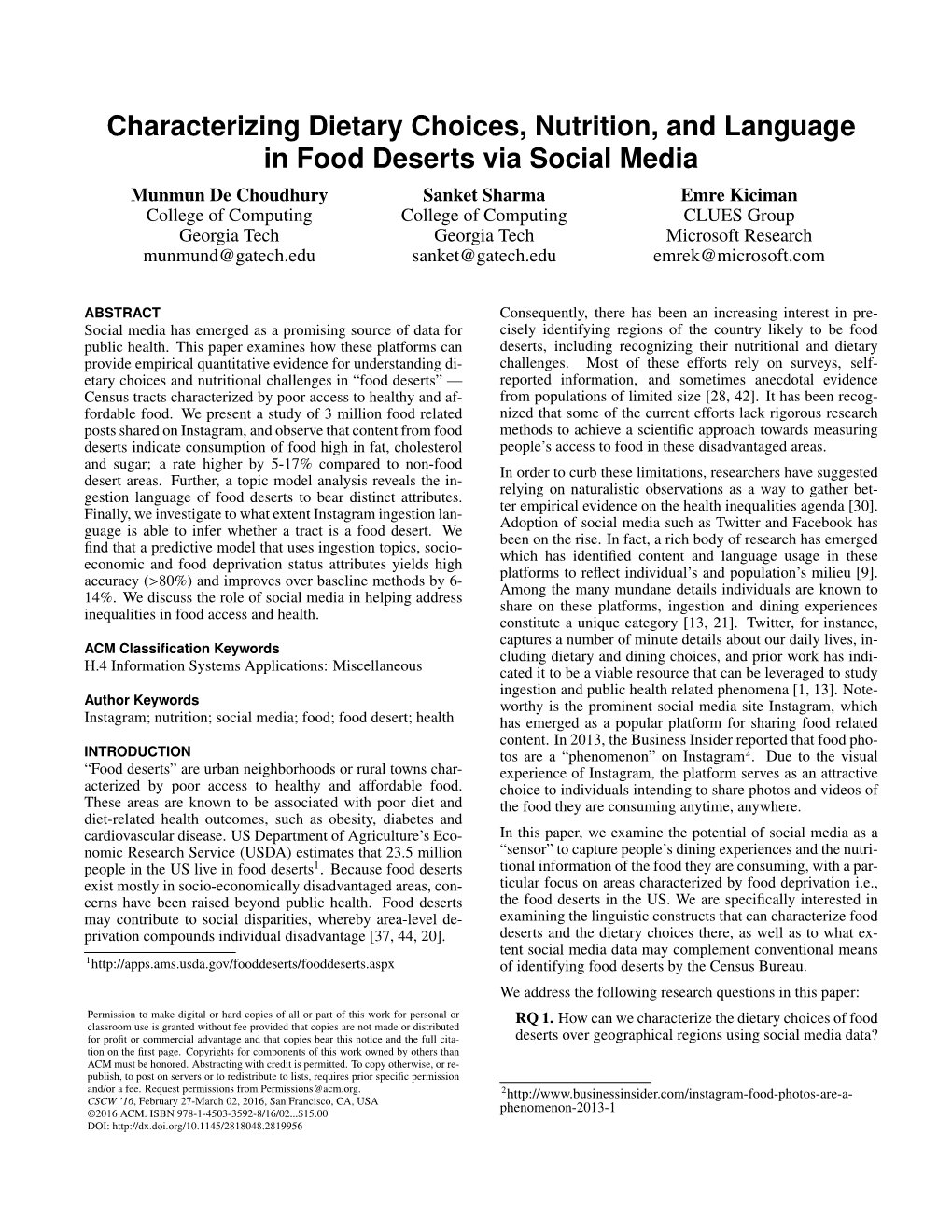 Characterizing Dietary Choices, Nutrition