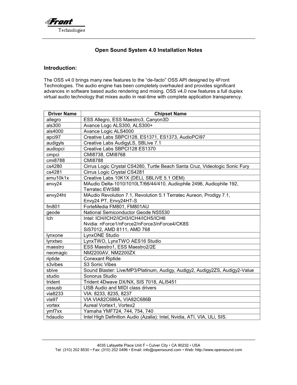 Open Sound System 4.0 Installation Notes Introduction