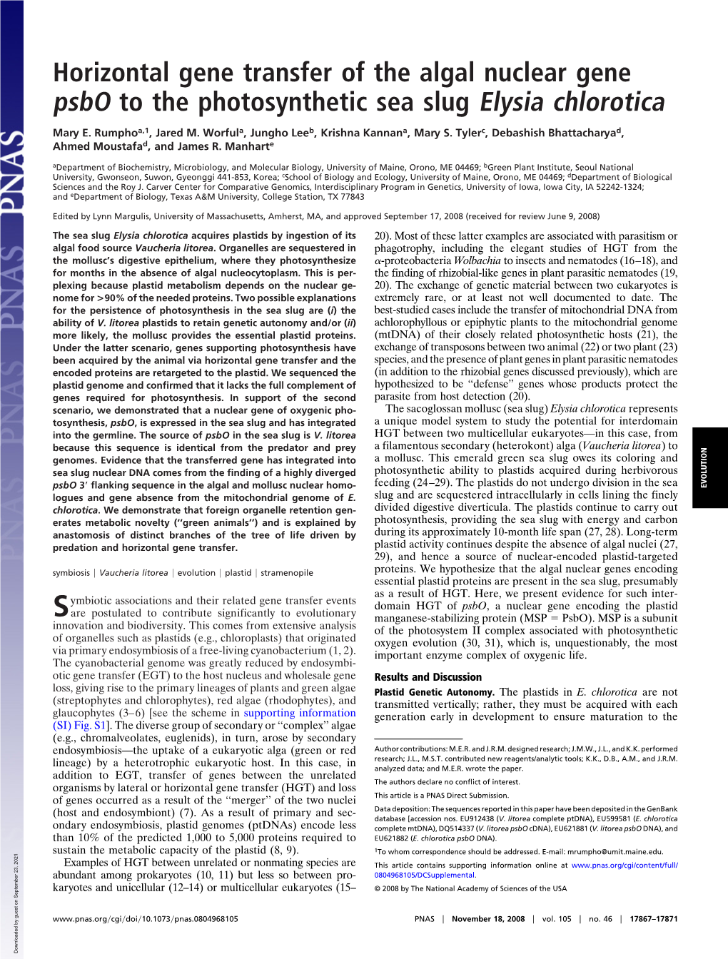 Horizontal Gene Transfer of the Algal Nuclear Gene Psbo to the Photosynthetic Sea Slug Elysia Chlorotica