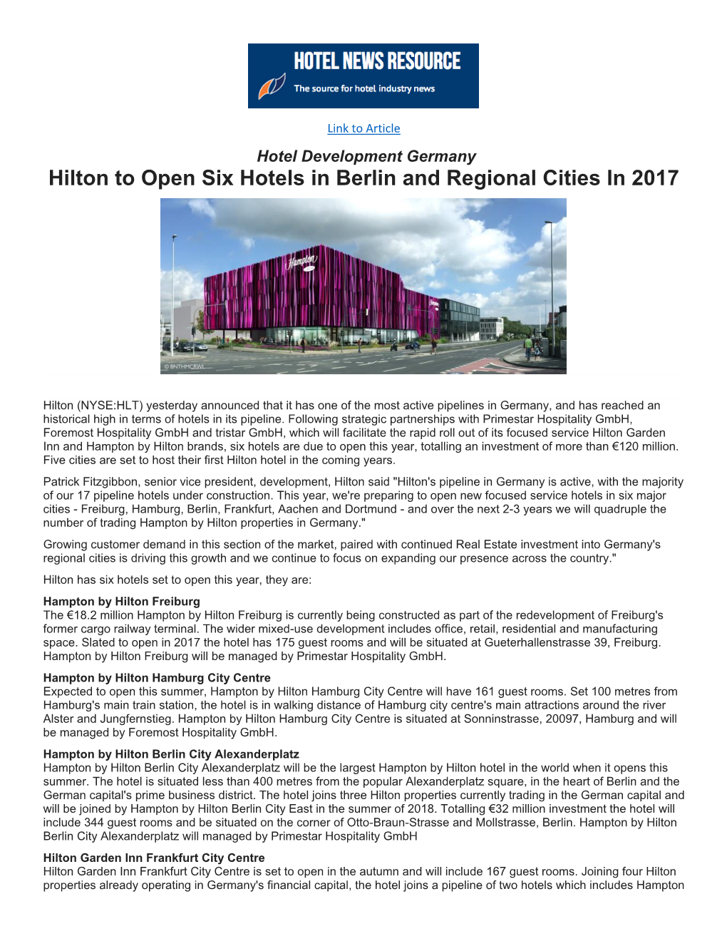 Hilton to Open Six Hotels in Berlin and Regional Cities in 2017