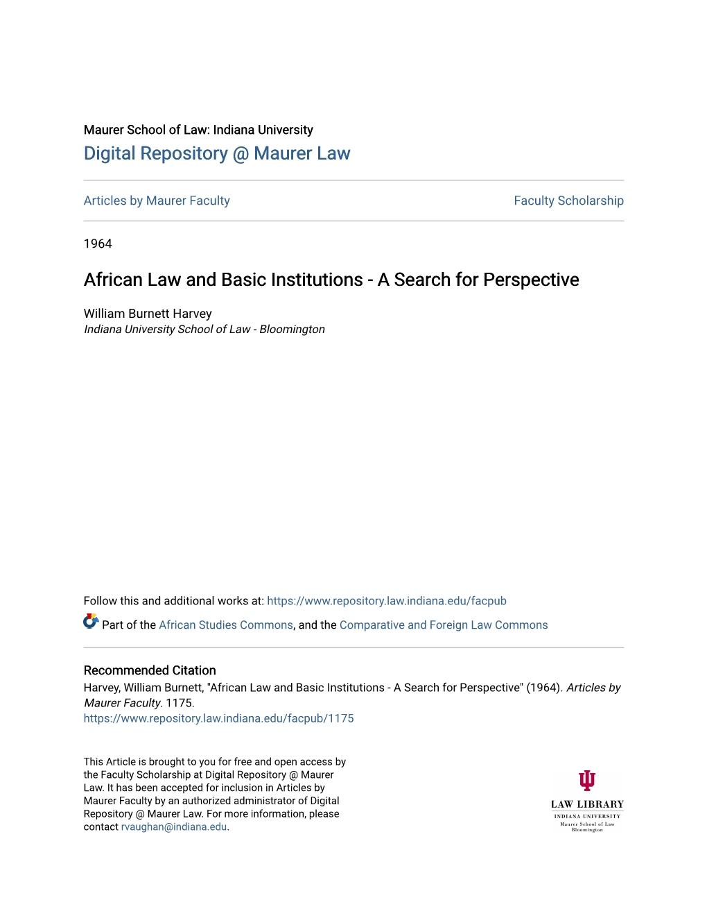 African Law and Basic Institutions - a Search for Perspective