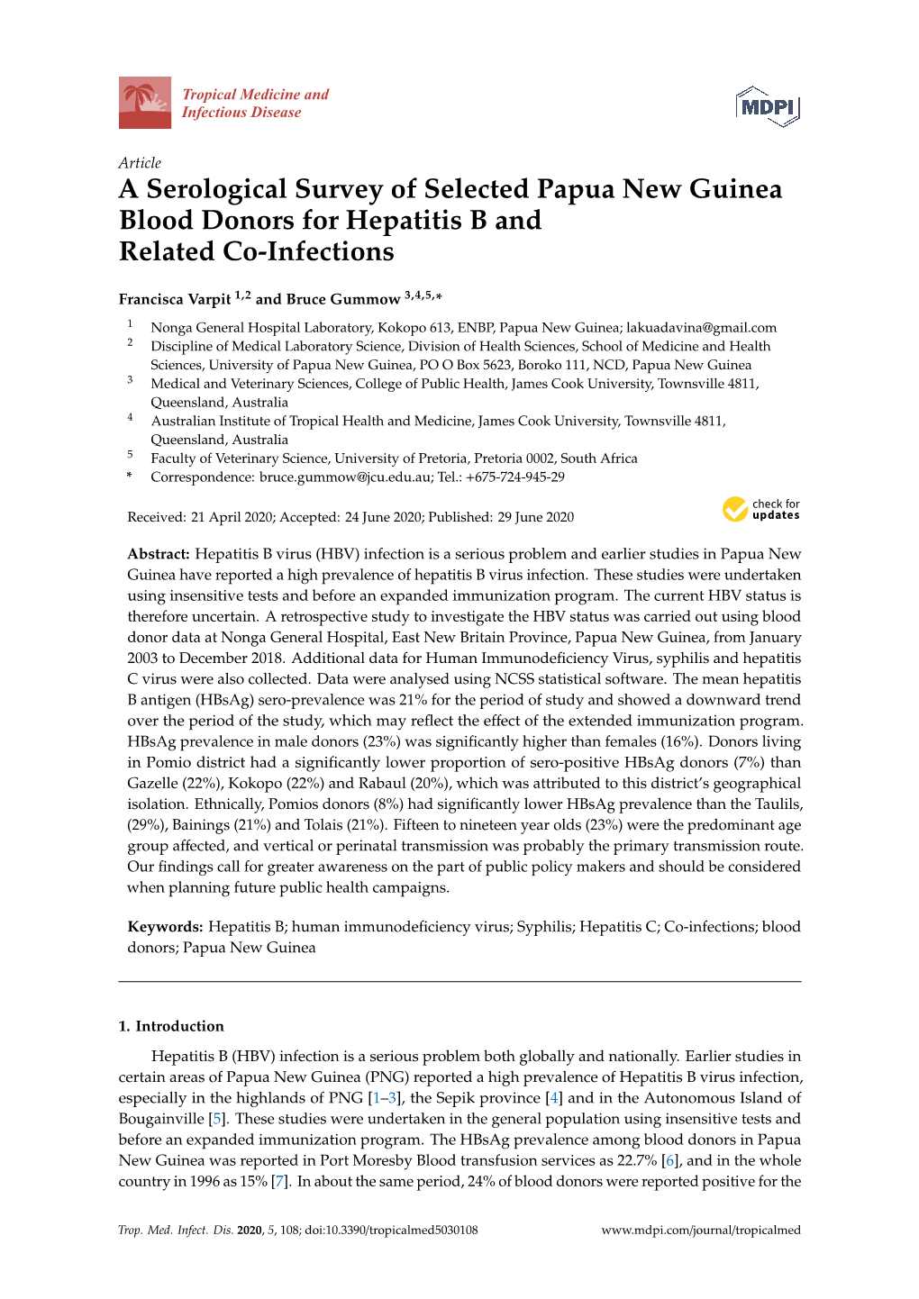 A Serological Survey of Selected Papua New Guinea Blood Donors for Hepatitis B and Related Co-Infections