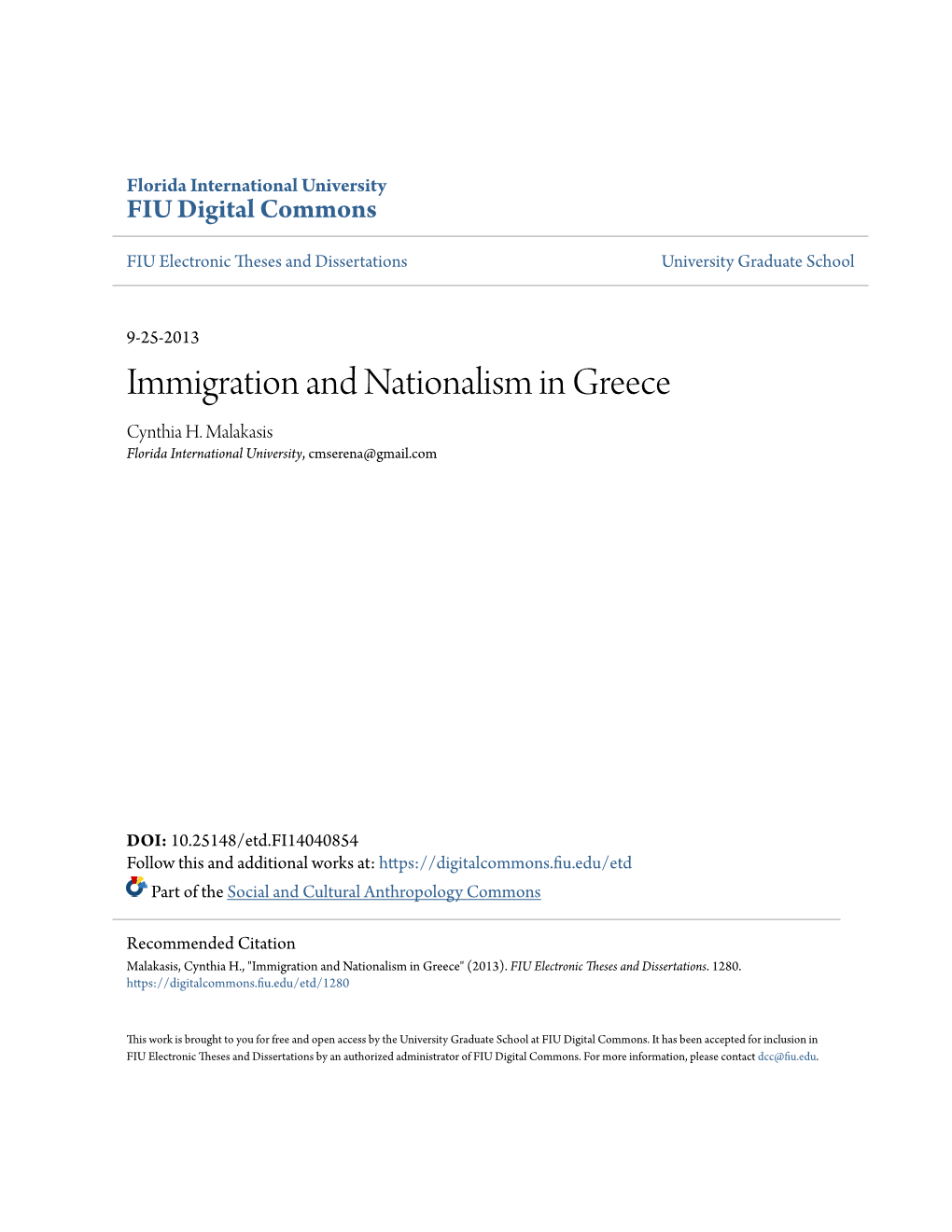 Immigration and Nationalism in Greece Cynthia H