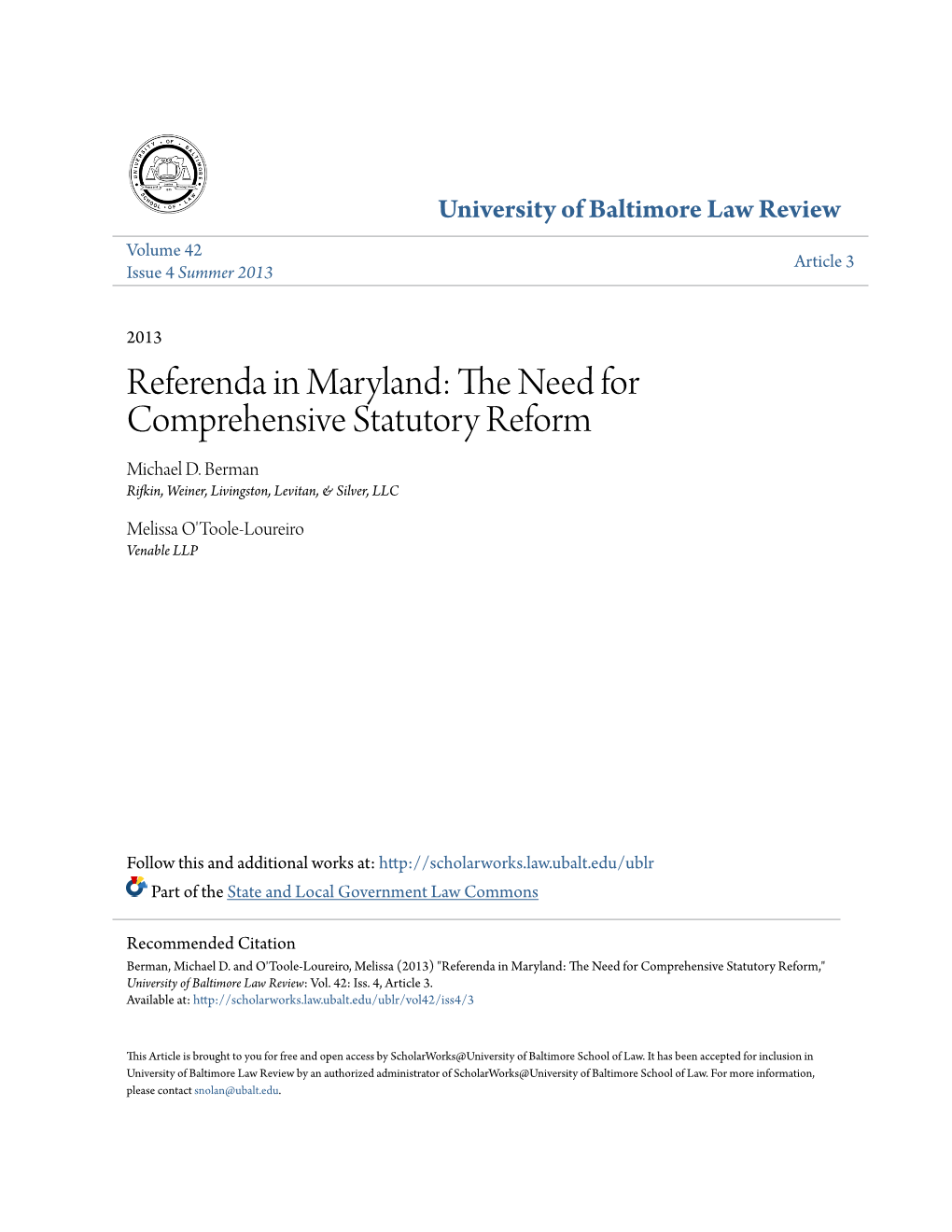 Referenda in Maryland: the Eedn for Comprehensive Statutory Reform Michael D