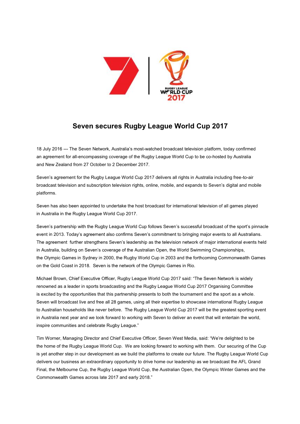 Seven Secures Rugby League World Cup 2017