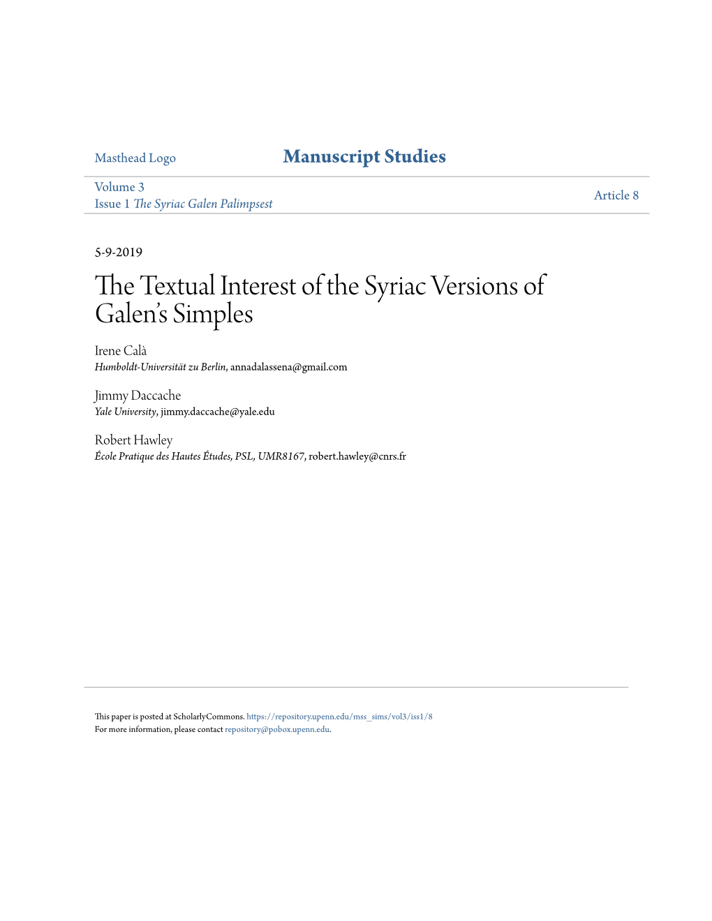 The Textual Interest of the Syriac Versions of Galen's Simples