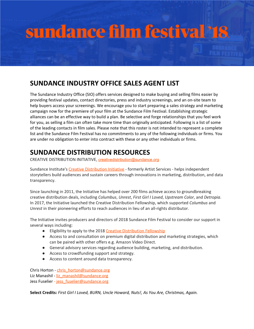 Sundance Industry Office Sales Agent List