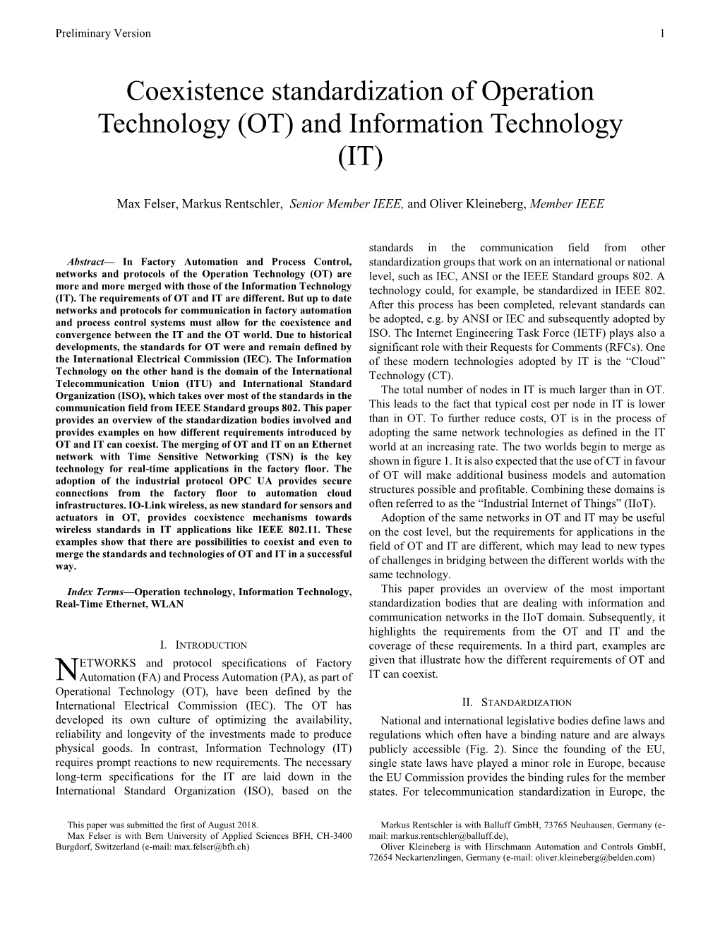 Coexistence Standardization of Operation Technology And