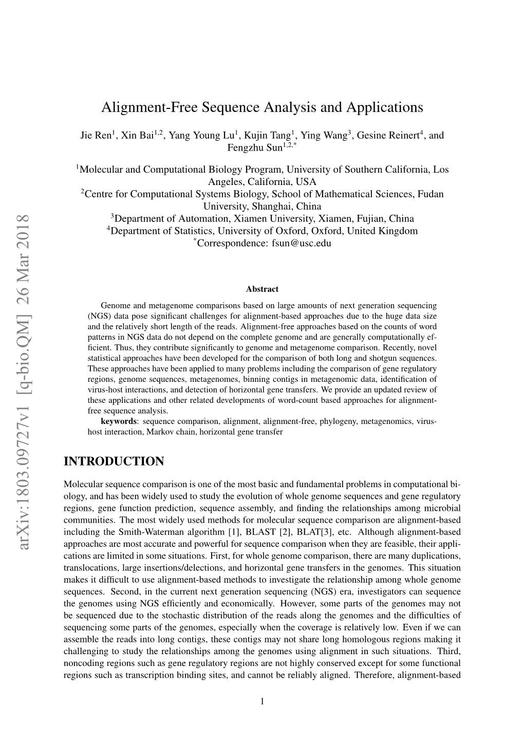 Alignment-Free Sequence Analysis and Applications