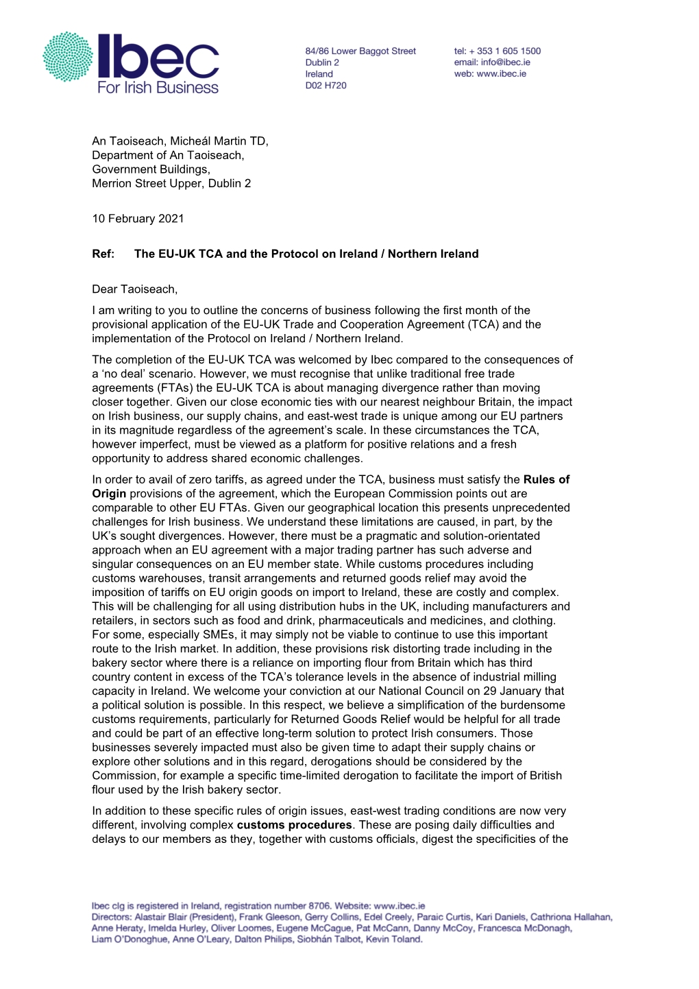 Ibec Letter to an Taoiseach EU-UK TCA and Protocol