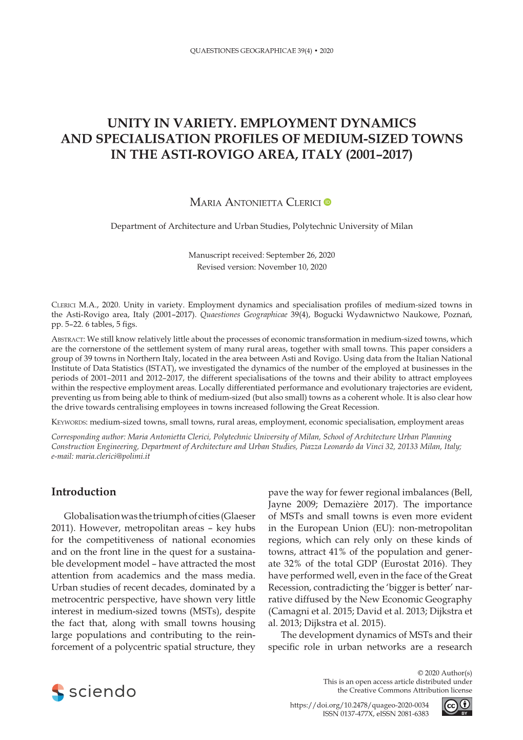 Unity in Variety. Employment Dynamics and Specialisation Profiles of Medium-Sized Towns in the Asti-Rovigo Area, Italy (2001–2017)