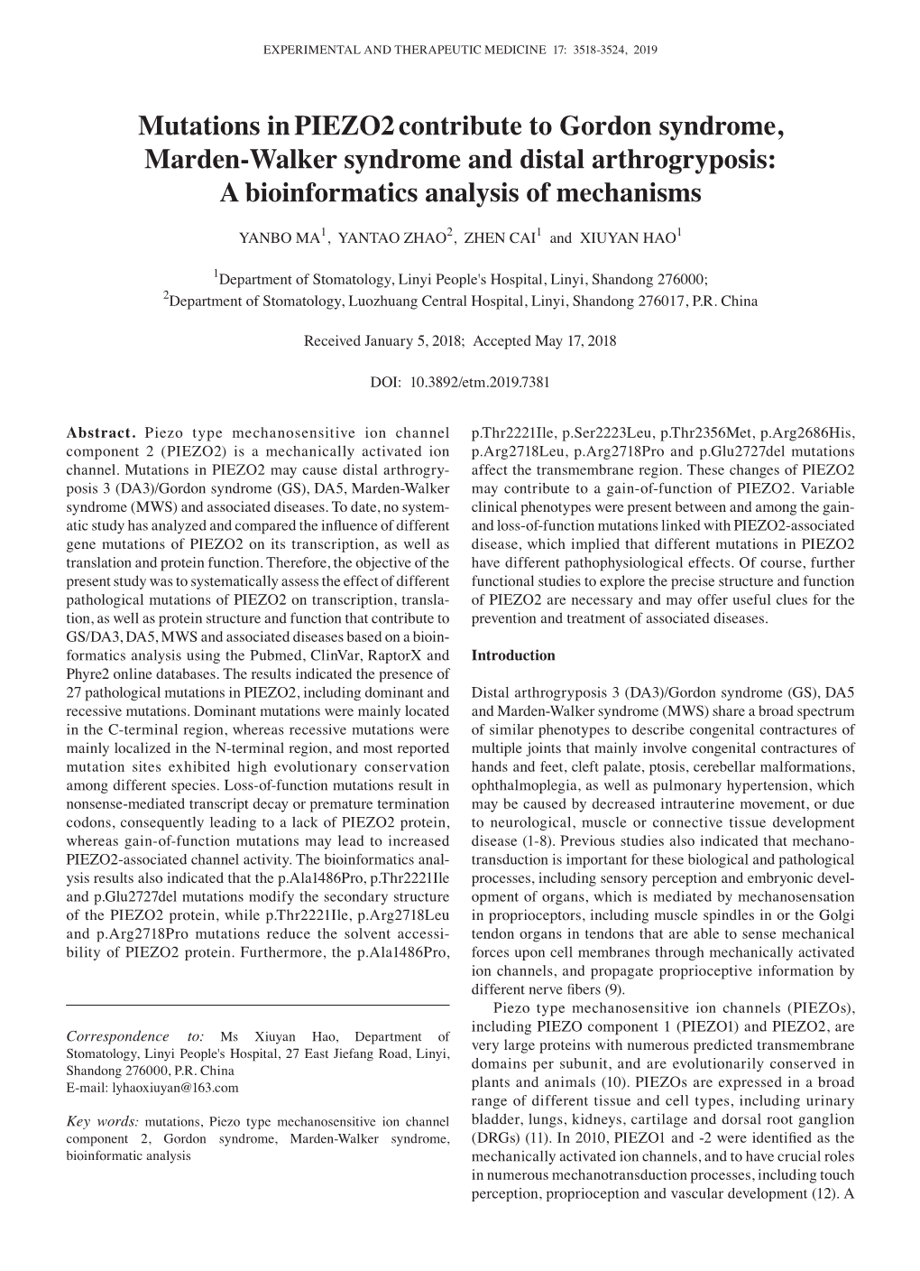 Mutations Inpiezo2contribute to Gordon