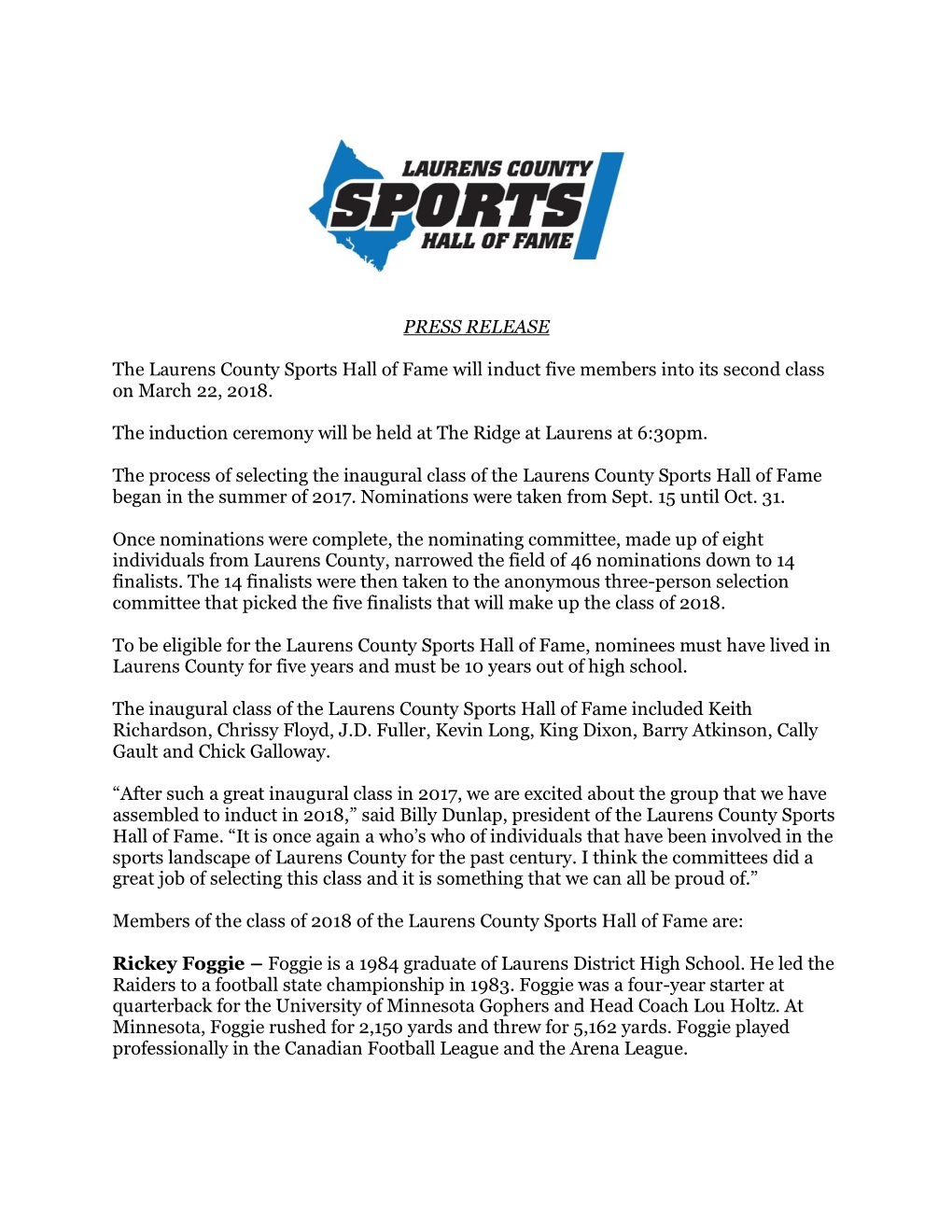 PRESS RELEASE the Laurens County Sports Hall of Fame Will