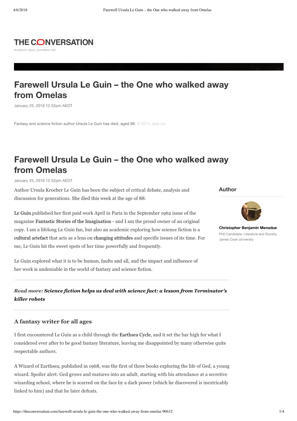 The One Who Walked Away from Omelas Farewell Ursula Le Guin