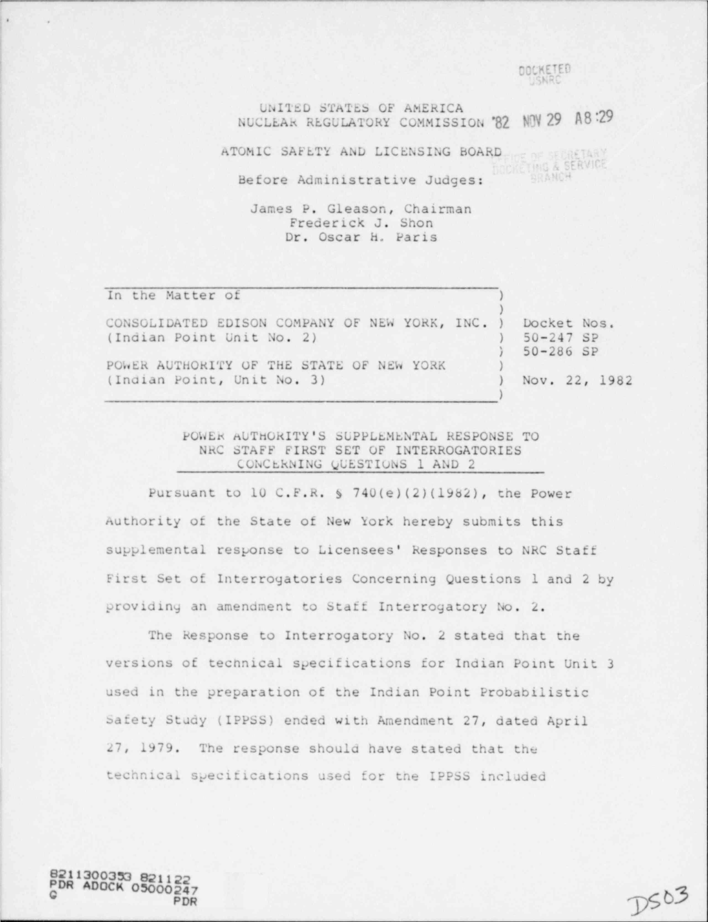 Supplemental Response to First Set of Interrogatories Re Questions 1 & 2