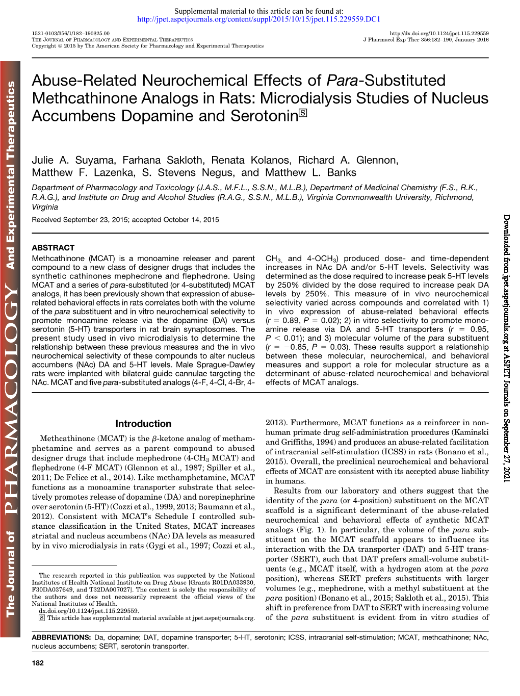 Abuse-Related Neurochemical Effects of Para-Substituted Methcathinone Analogs in Rats: Microdialysis Studies of Nucleus Accumbens Dopamine and Serotonin S