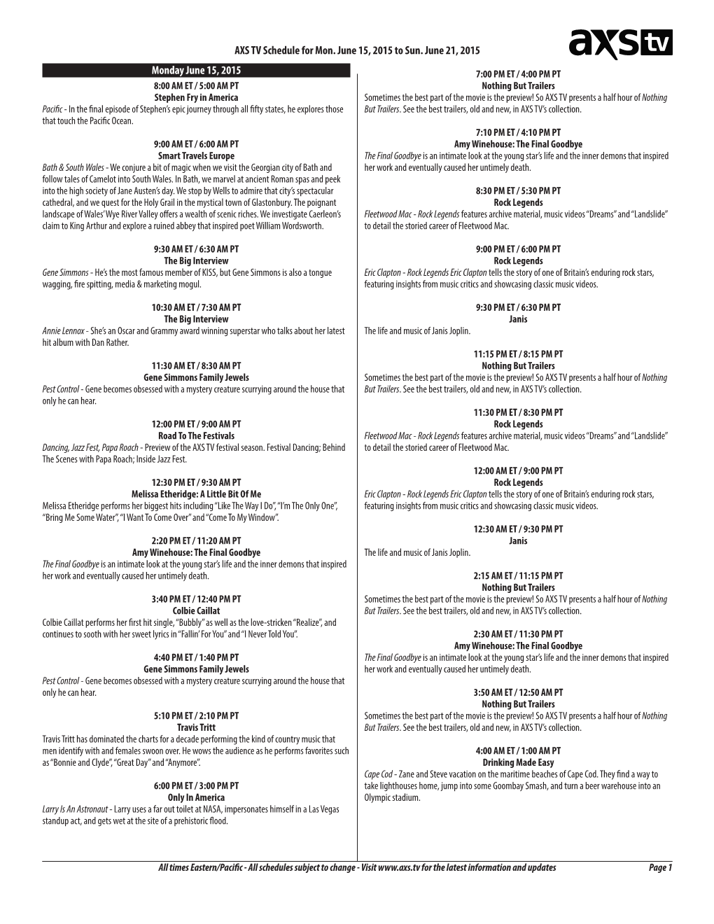 AXS TV Schedule for Mon. June 15, 2015 to Sun. June 21, 2015