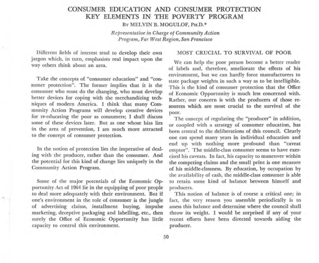 Consumer Education and Consumer Protection Key Elements in the Poverty Program by Melvin B