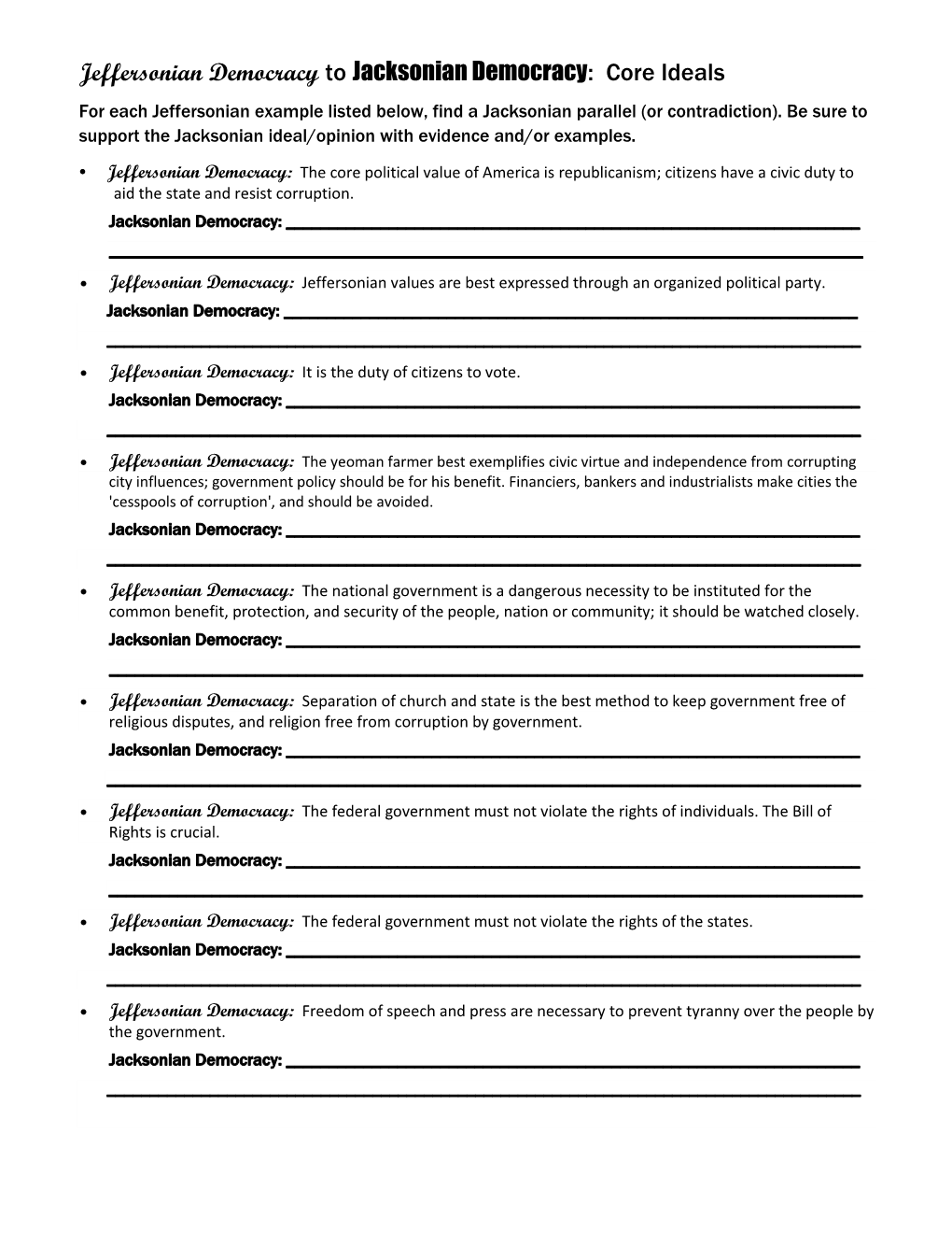 Jeffersonian Democracy to Jacksonian Democracy: Core Ideals for Each Jeffersonian Example Listed Below, Find a Jacksonian Parallel (Or Contradiction)