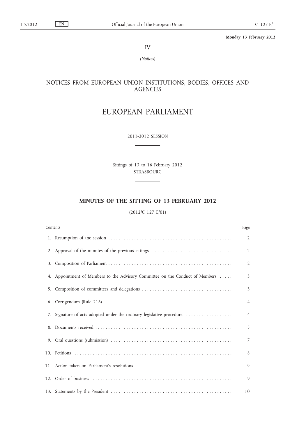 Minutes of the Sitting of 13 February 2012