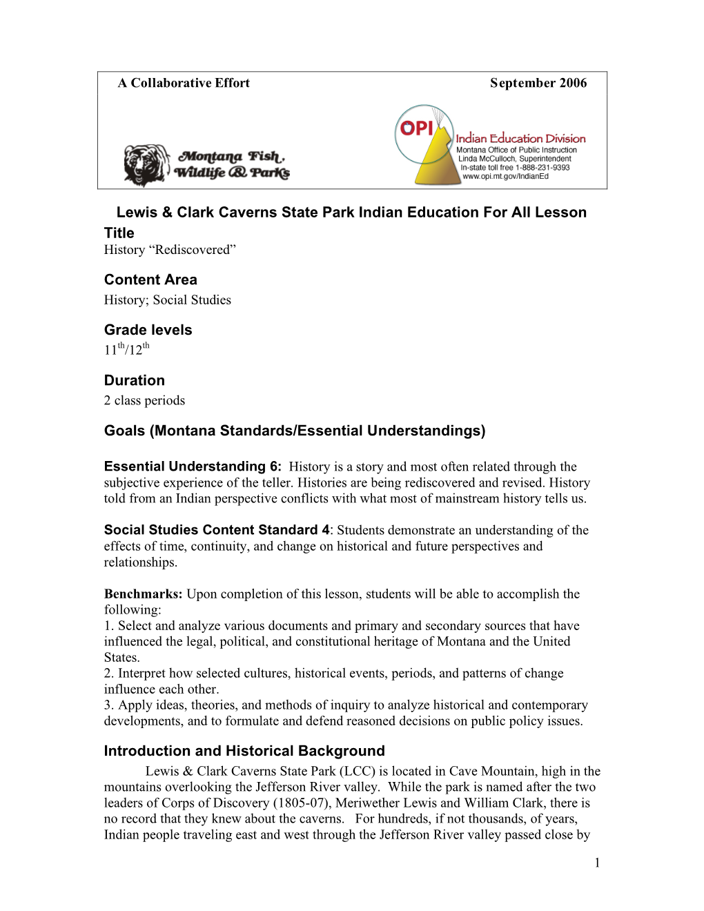 Lewis and Clark Caverns State Park IEA Lesson Plan