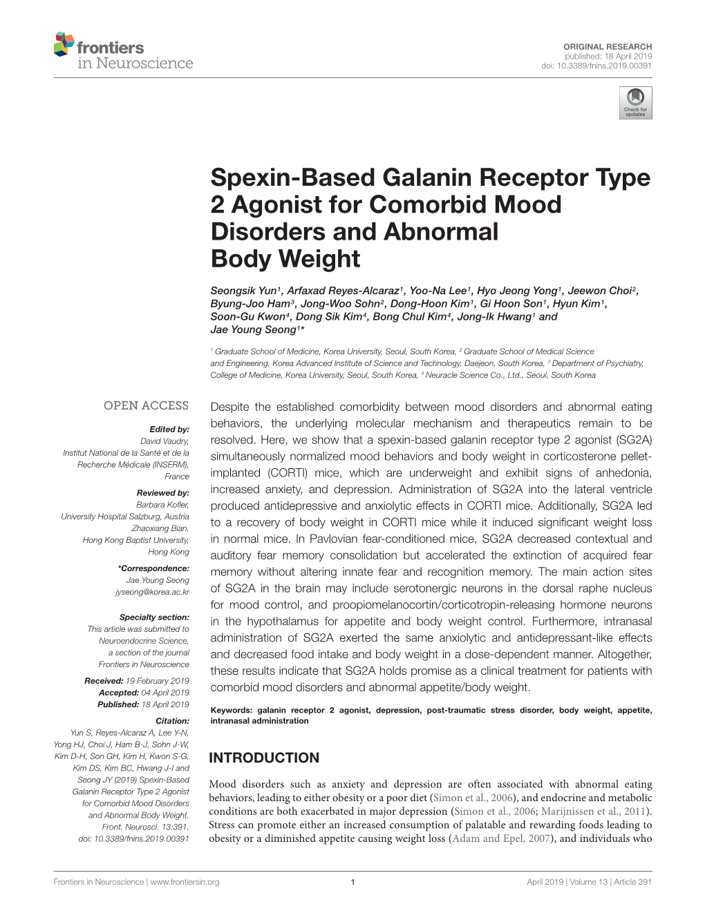 Spexin-Based Galanin Receptor Type 2 Agonist for Comorbid Mood Disorders and Abnormal Body Weight